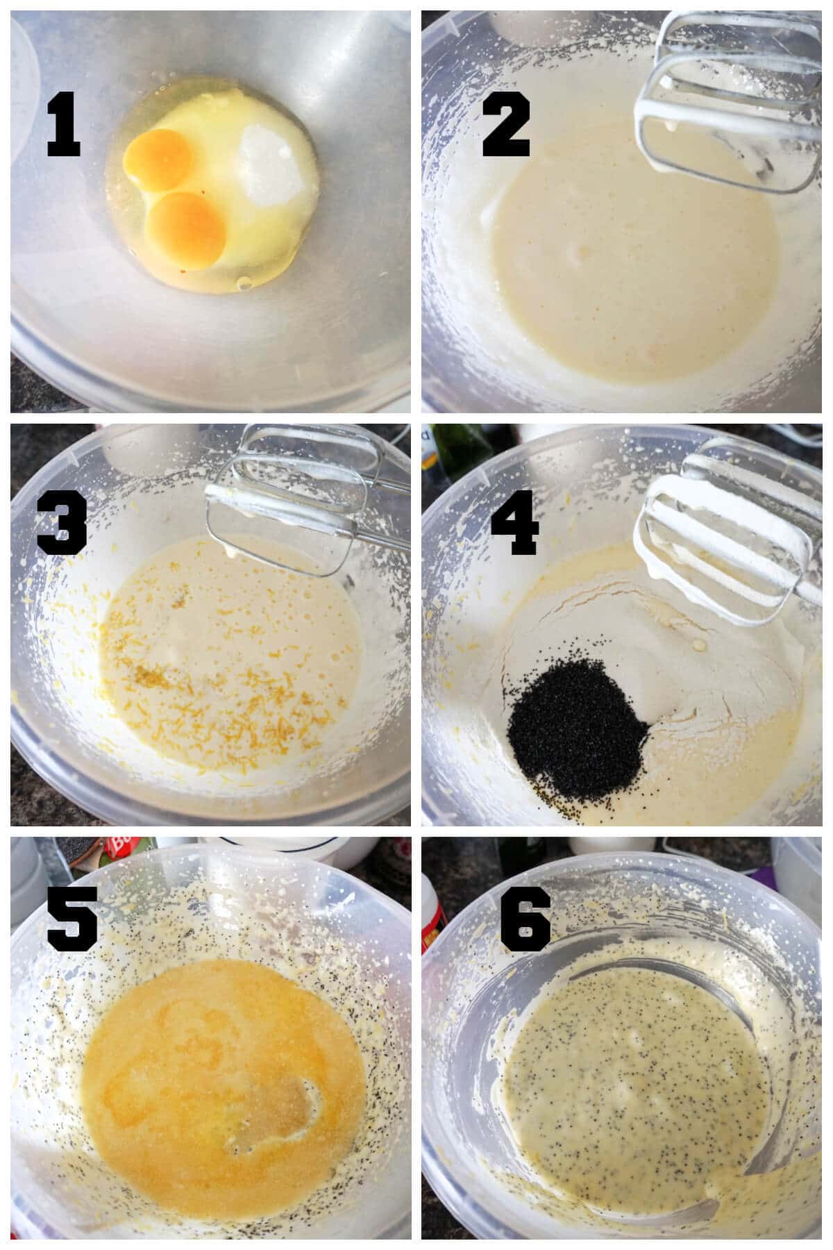 Collage of 6 photos to show how to make the batter for poppy seed and lemon madeleines.