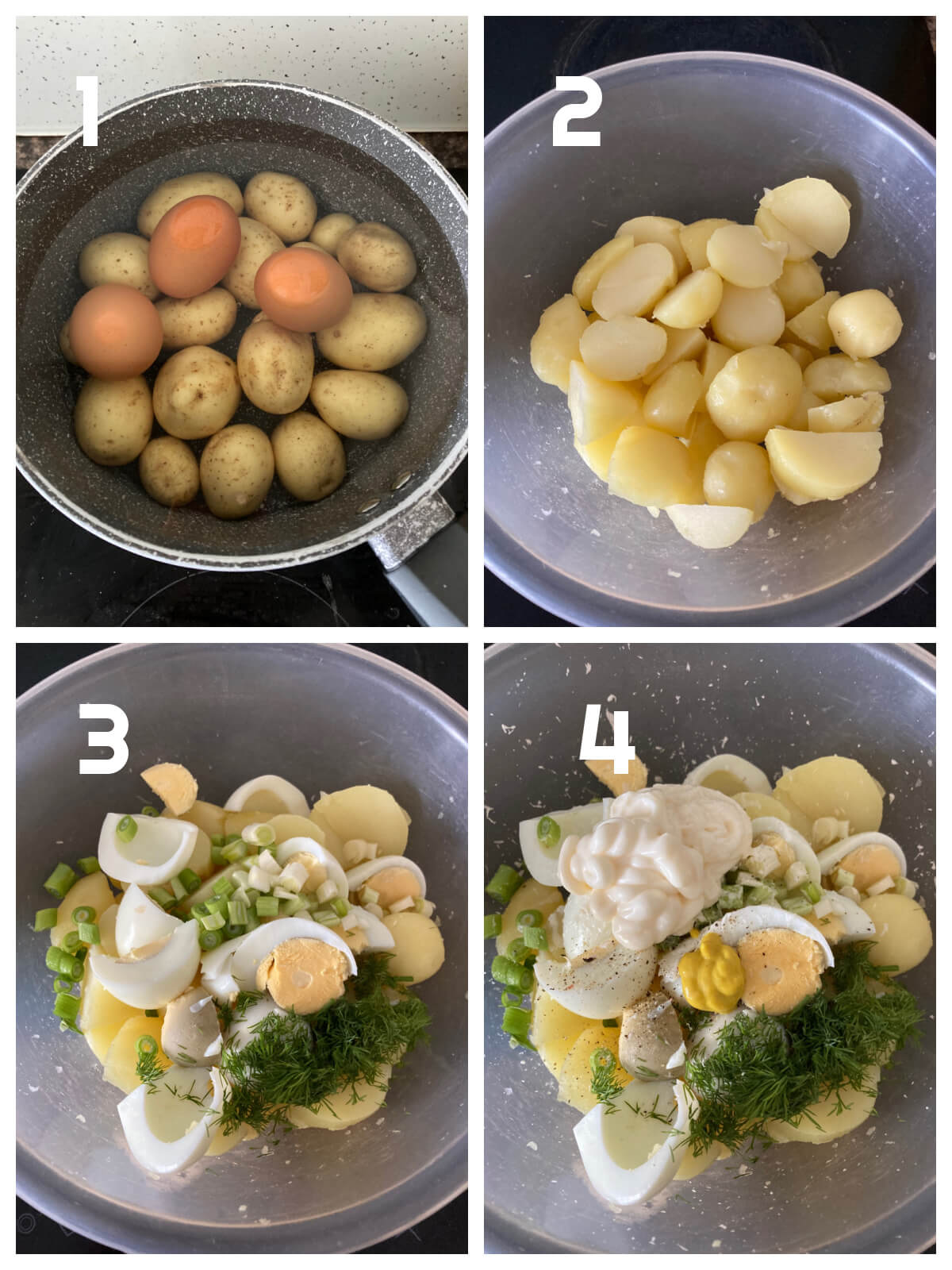 Collage of 4 photos to show how to make potato salad with eggs.