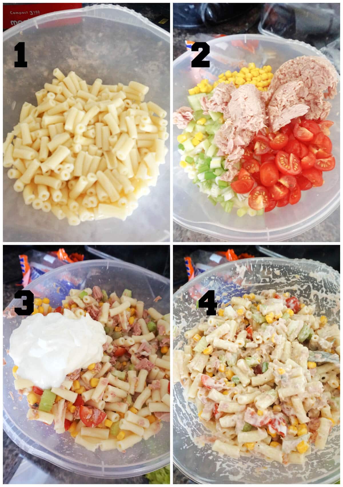 Collage of 4 photos to show how to make tuna pasta salad.
