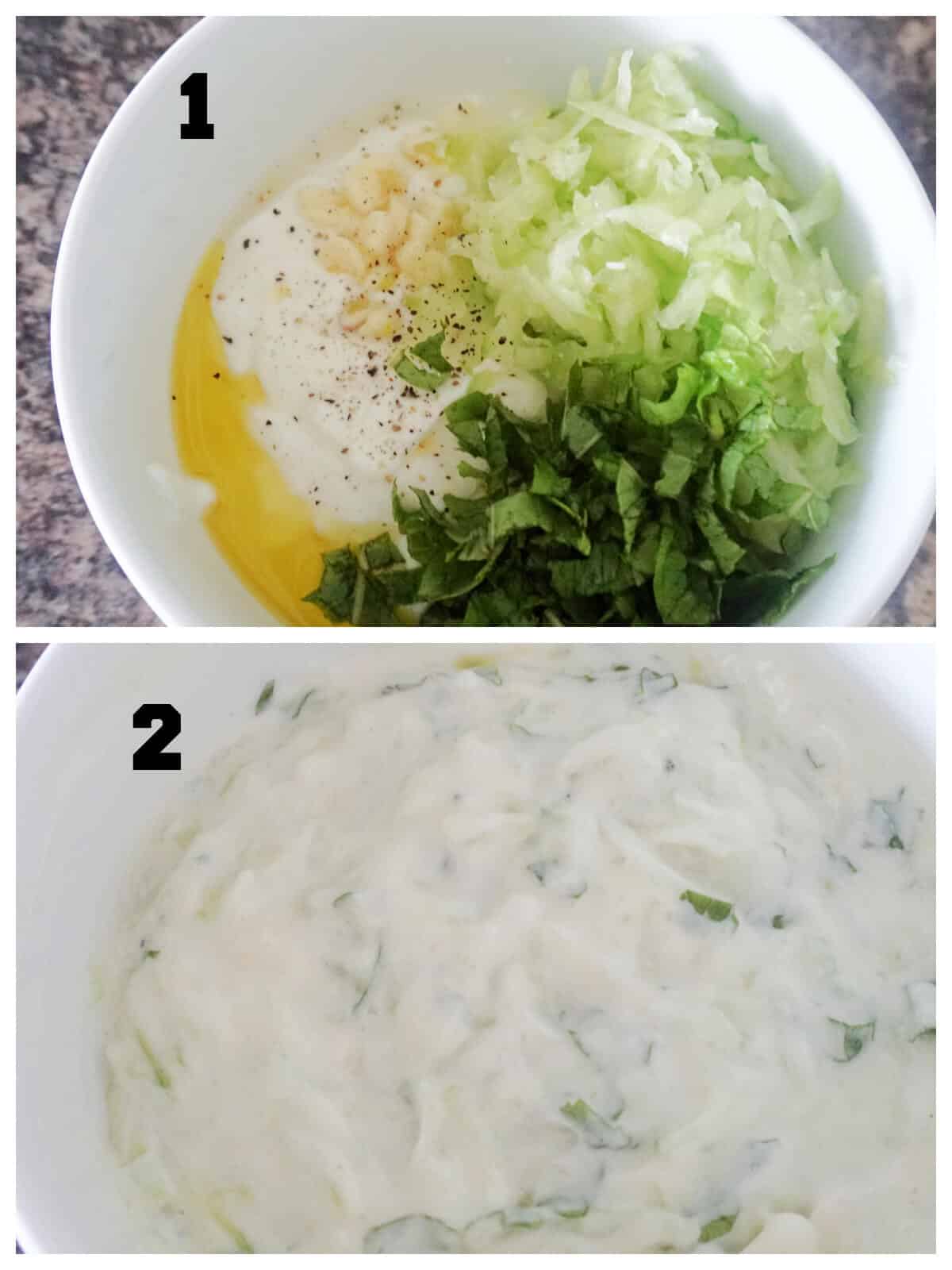 Collage of 2 photos to show how to make tzatziki.