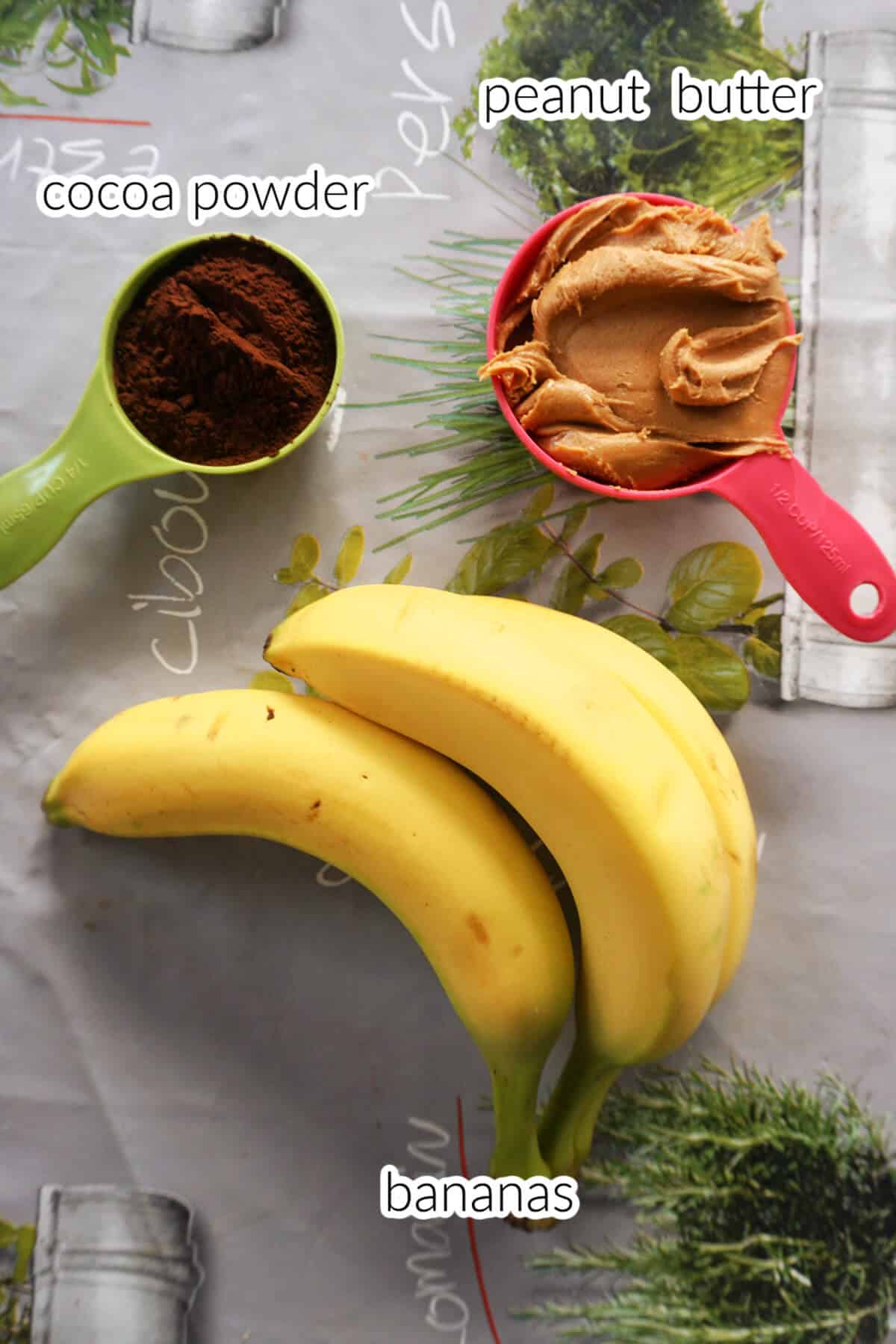 Ingredients needed to make banana brownies.