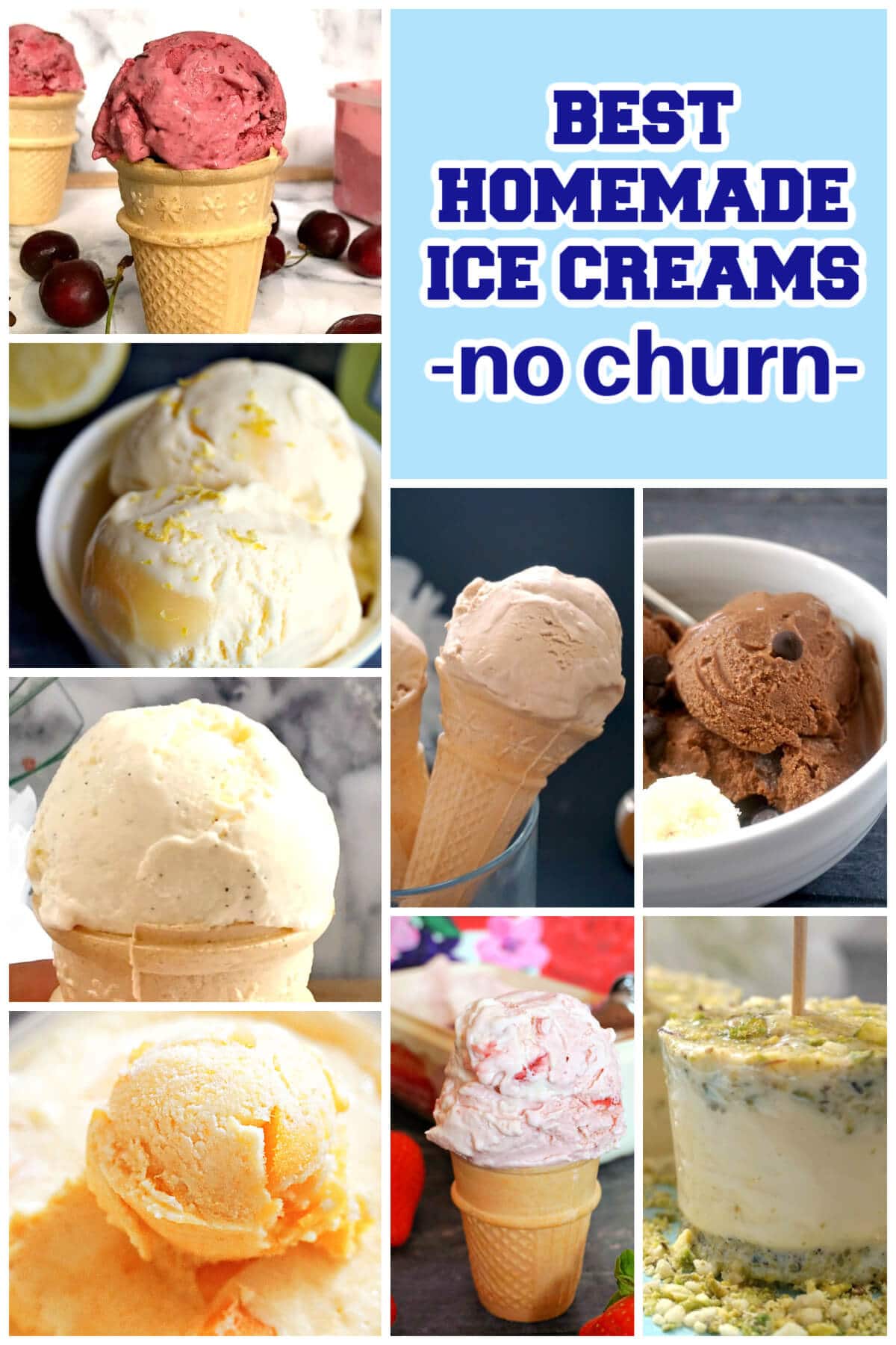 A collage of 8 homemade ice creams