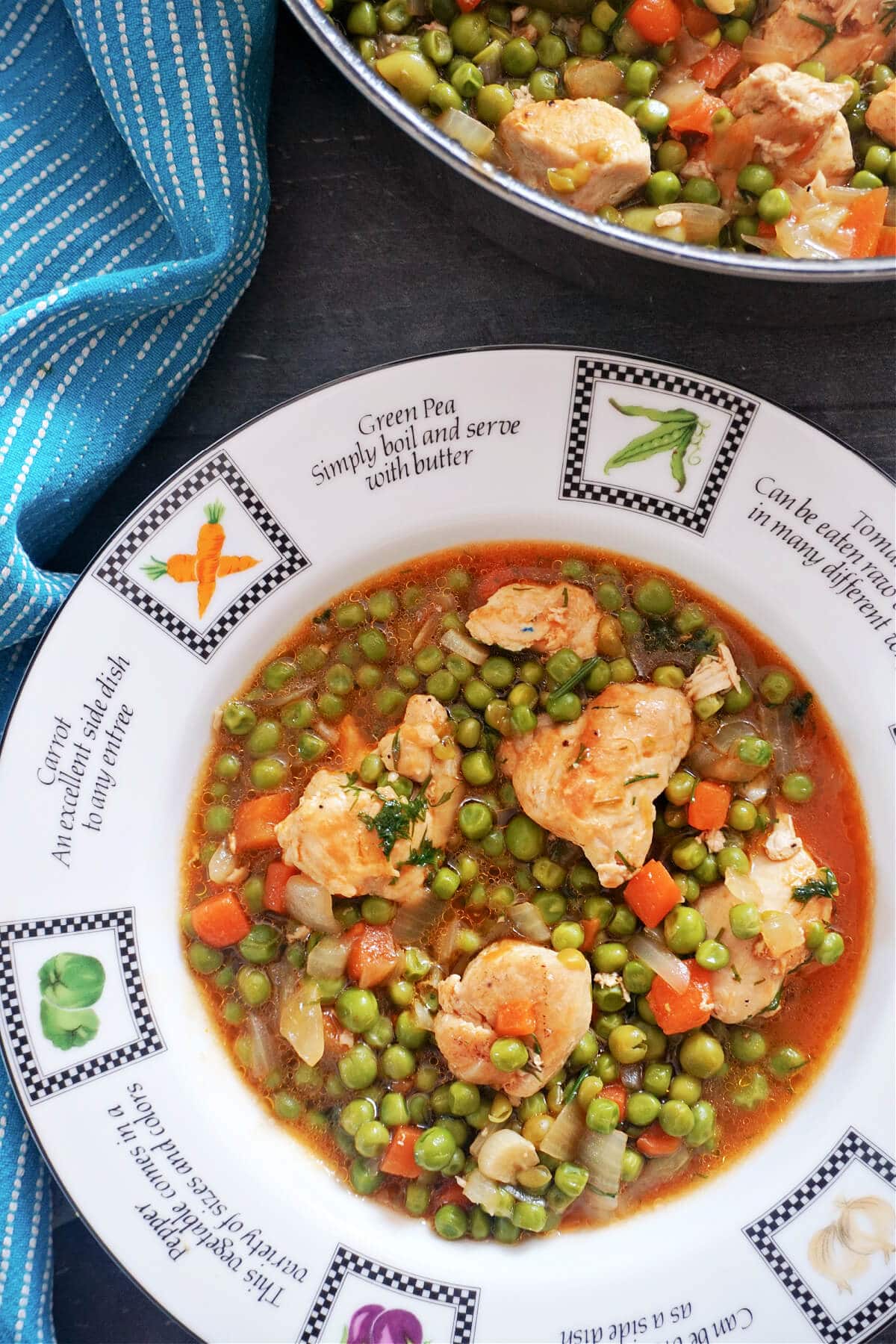 Overhead shot of a white plate with chicken and pea stew.