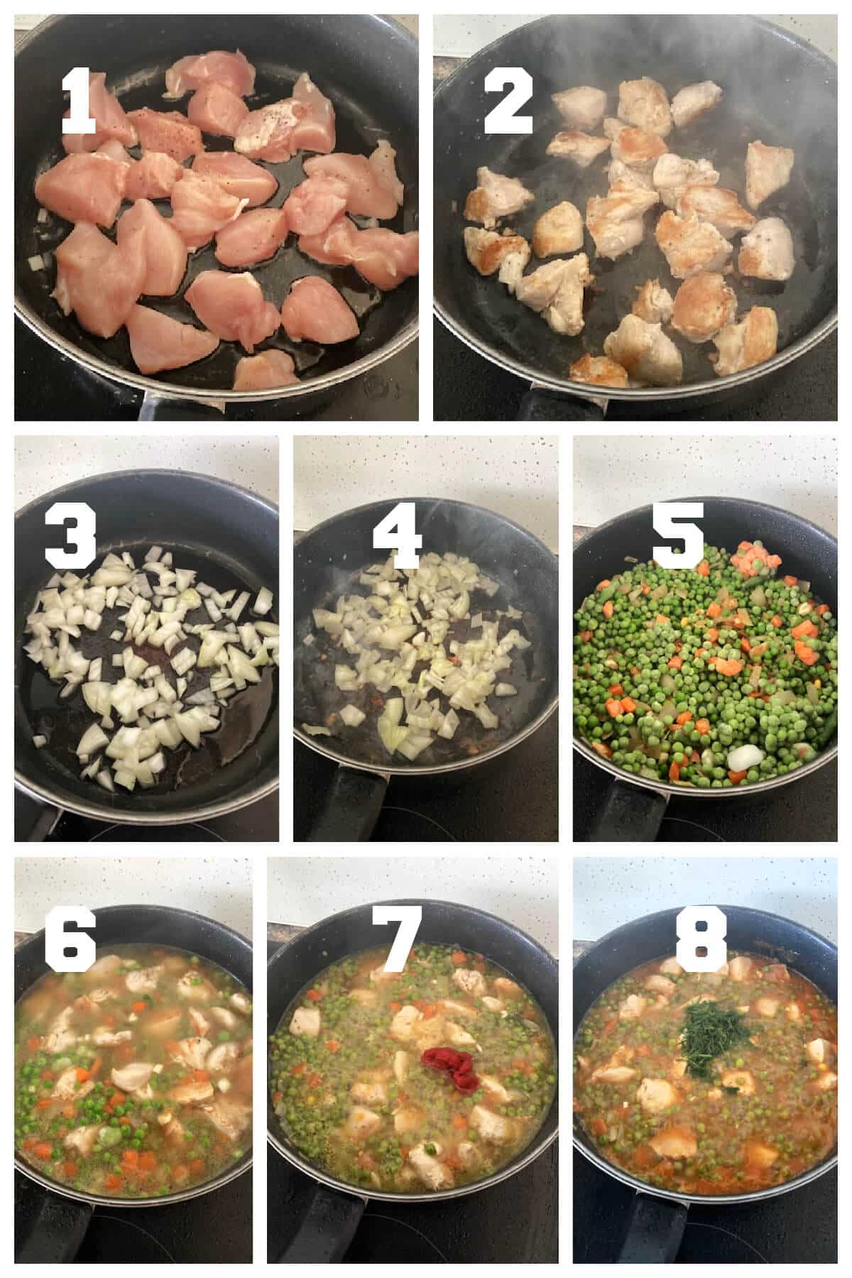 Collage of 8 photos to show how to make chicken and green pea stew