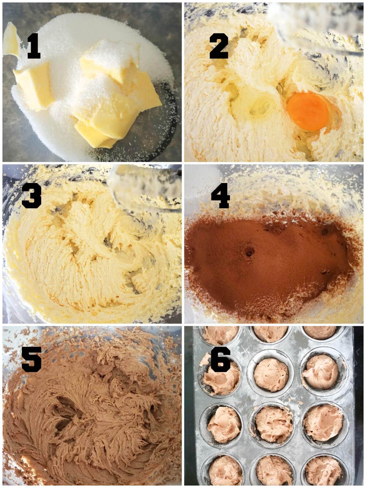 Collage of 6 photos to show how to make the sponge for chocolate cupcakes