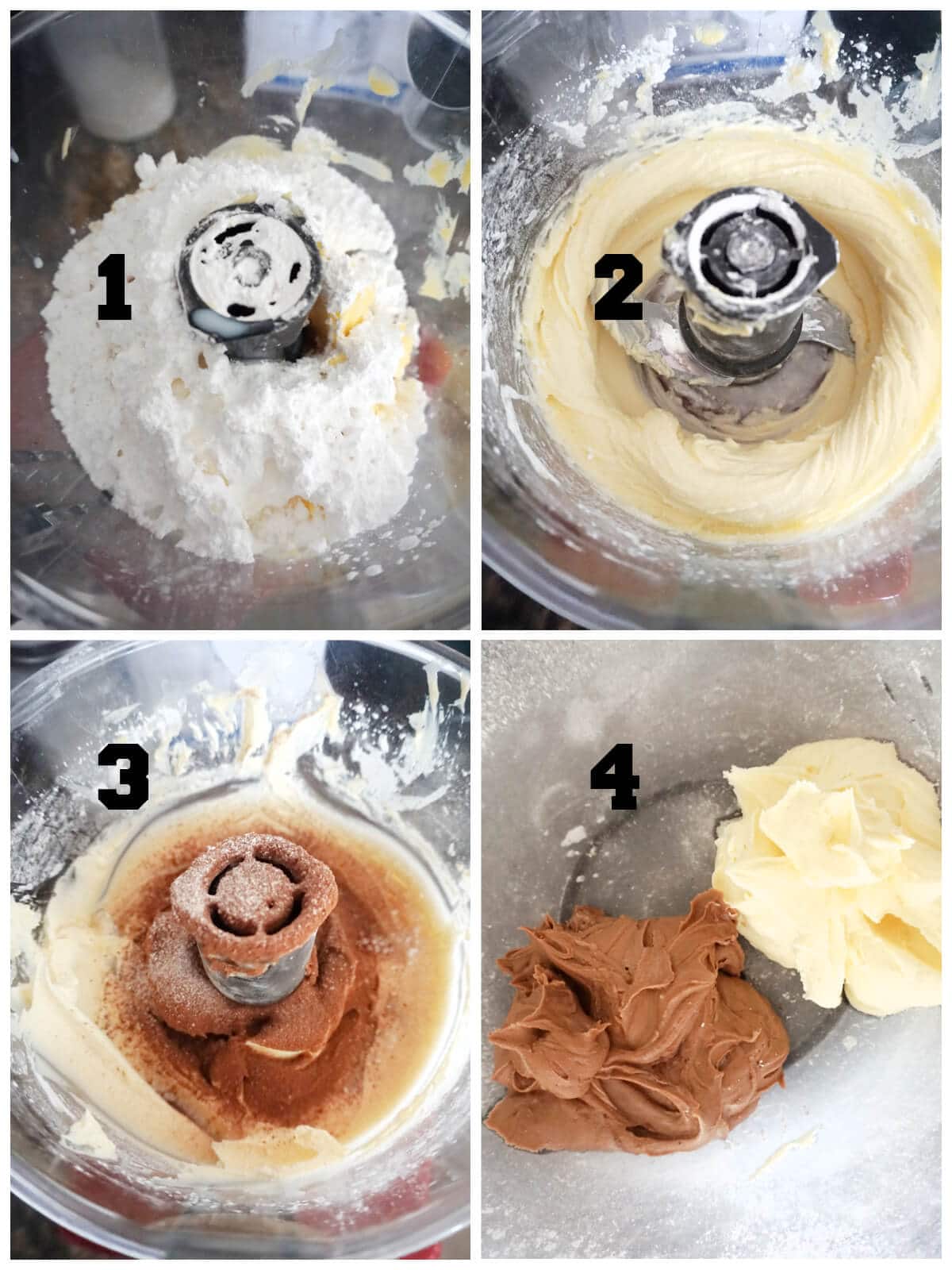 Collage of 4 photos to show how to make marbled buttercream