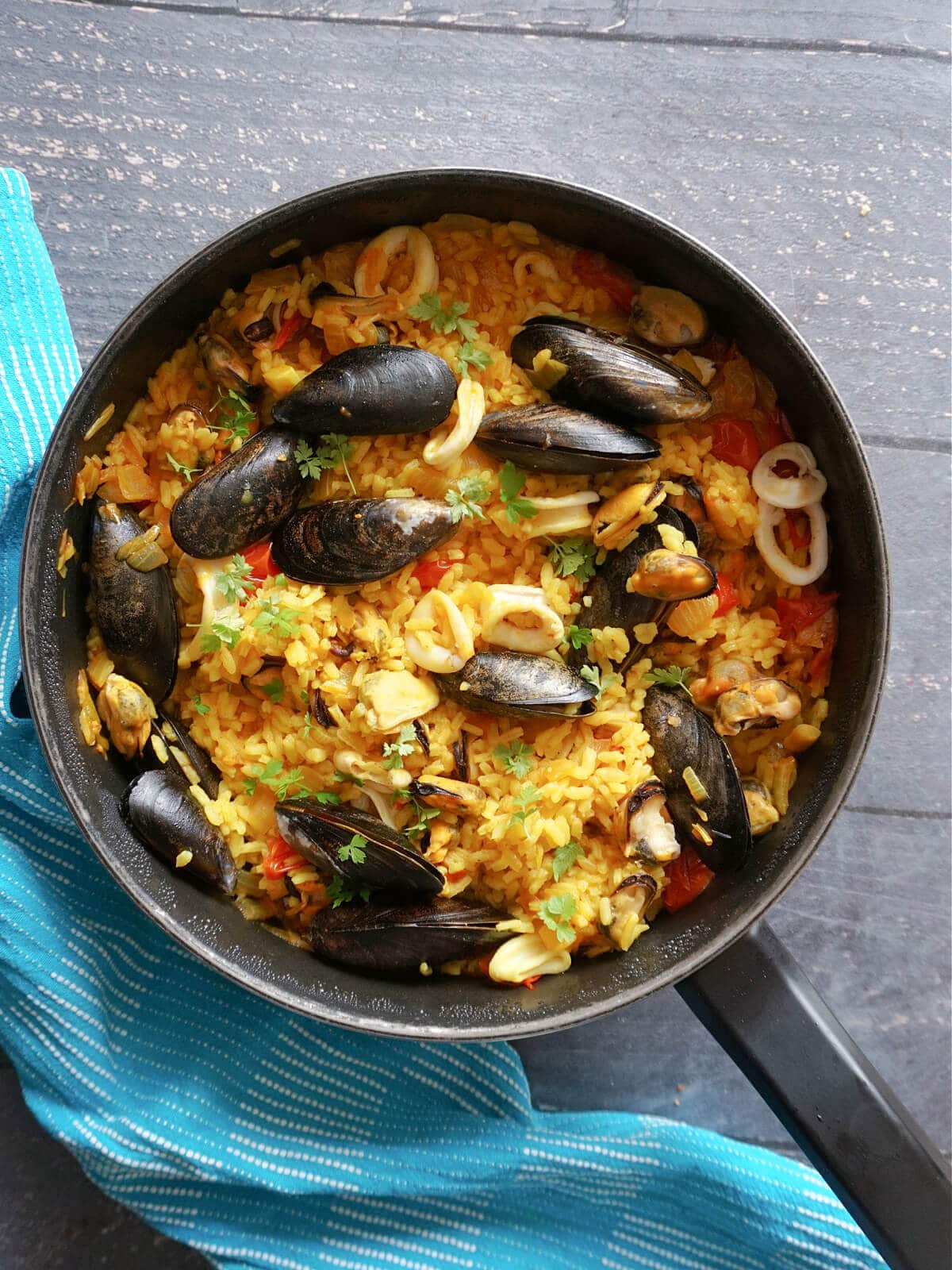 Overhead shot of a pan of seafood paella.