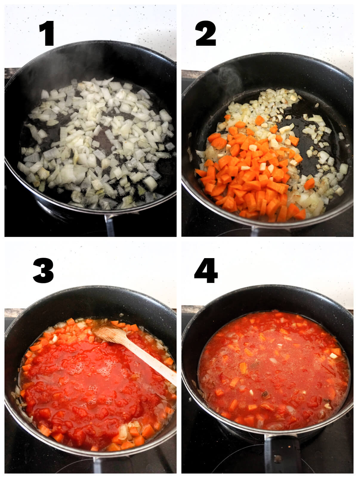Collage of 4 photos to show how to make leftover roast beef chilli.