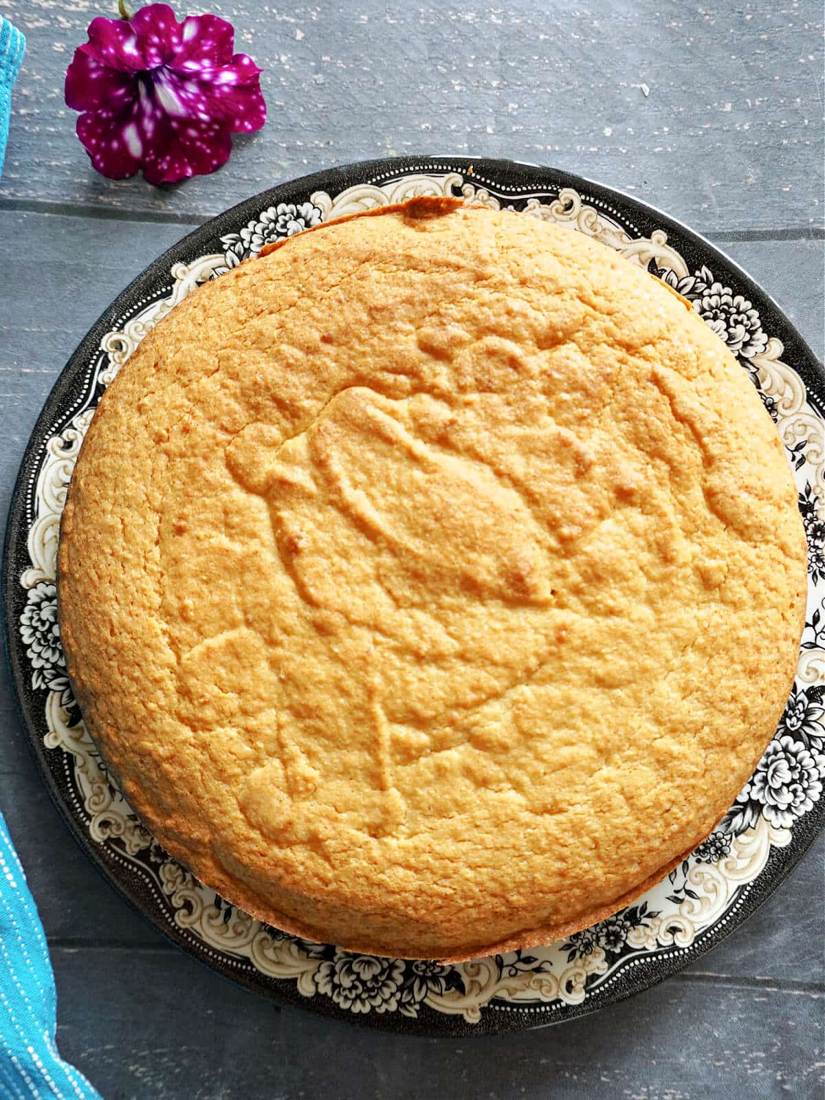 Overhead shot of a plate with a sponge cake