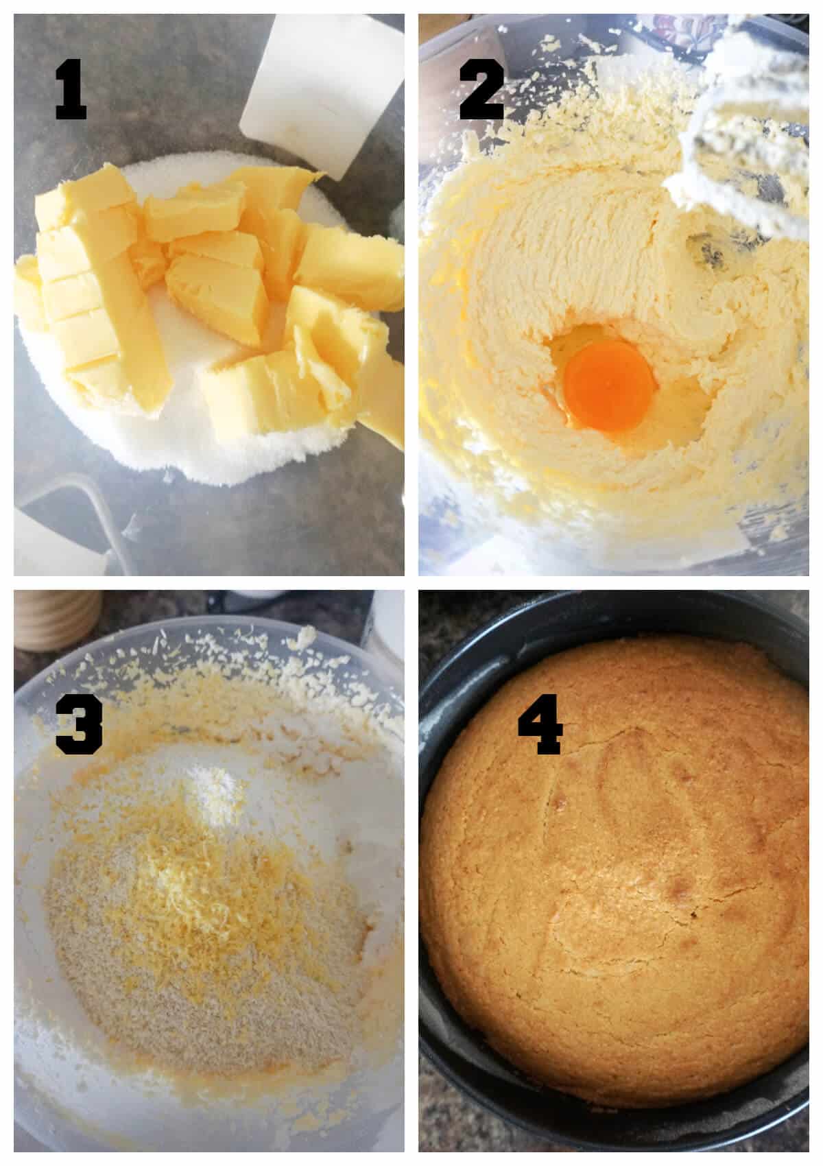 Collage of 4 photos to show how to make madeira cake