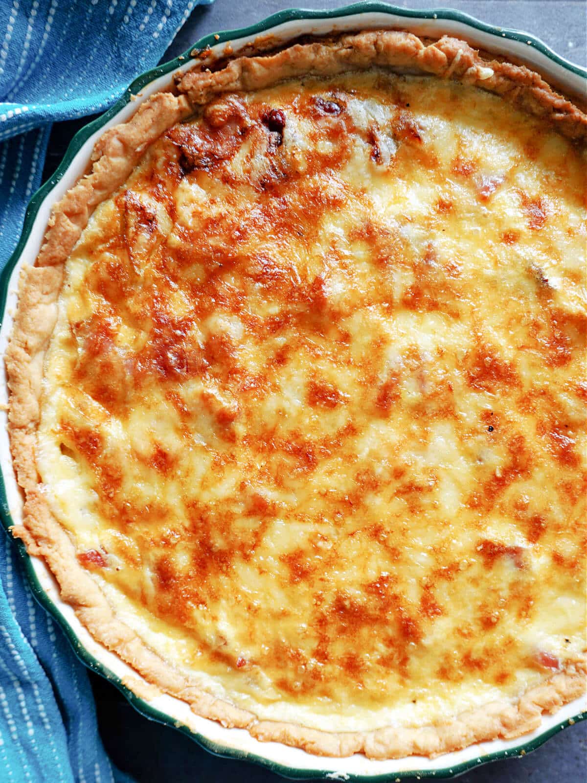 Close-up shot of a quiche.