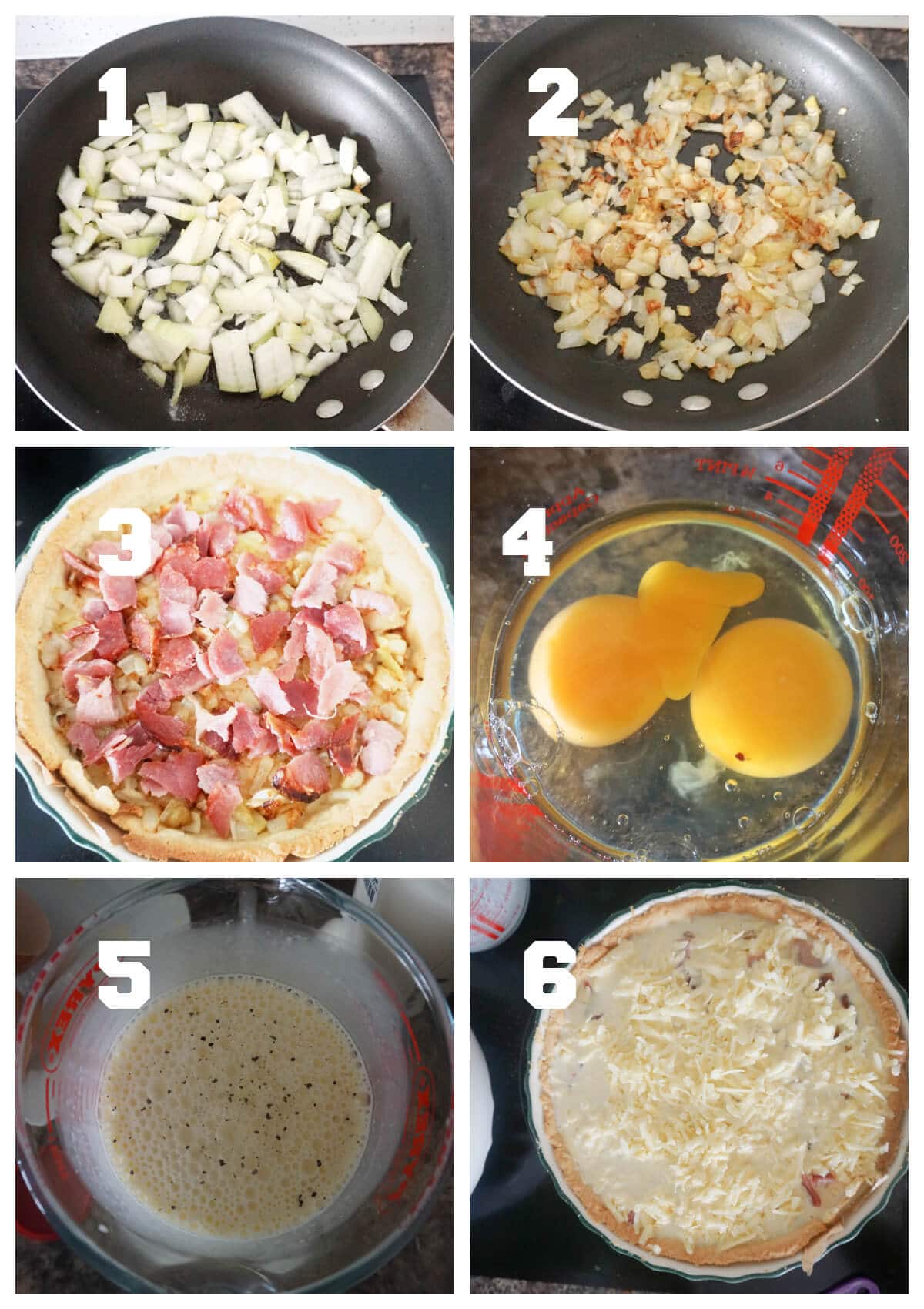 Collage of 6 photos to show how to make the filling for a quiche lorraine.