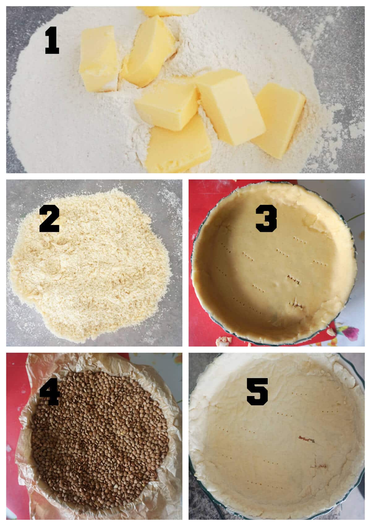 Collage of 5 photos to show how to make a quiche pastry.