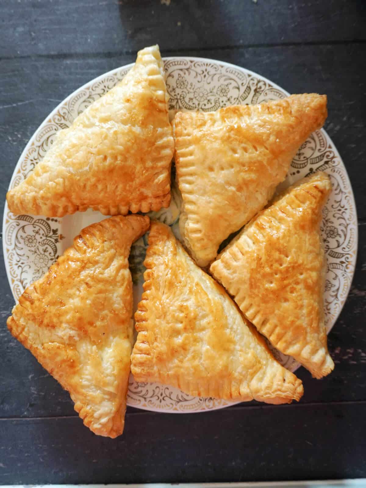 Overhead shot of a plate with 5 pastries.