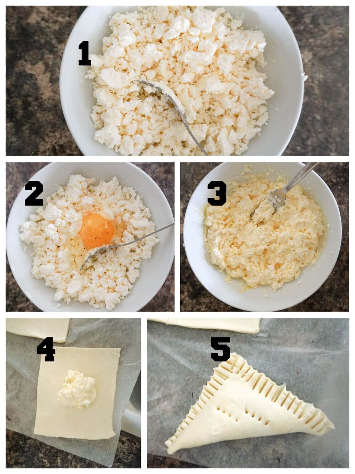 Collage of 5 pictures to show how to make cheese pastries.