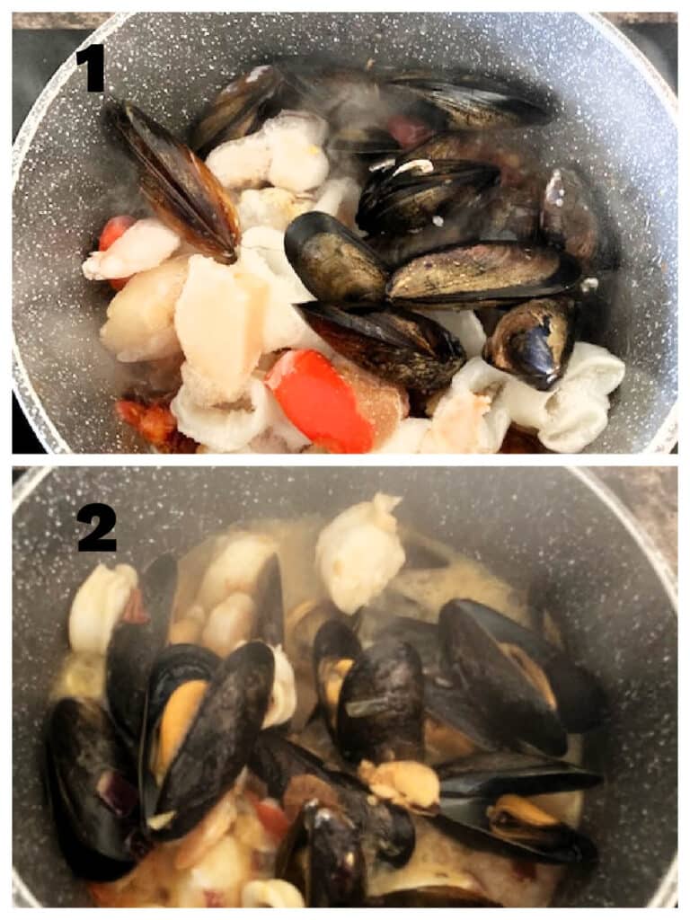 Collage of 2 photos with mixed seafood in a pan