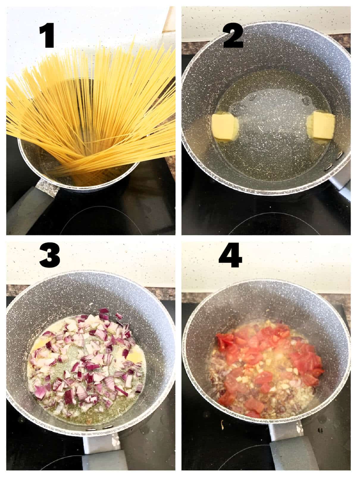 Collage of 4 photos to show how to make seafood pasta.