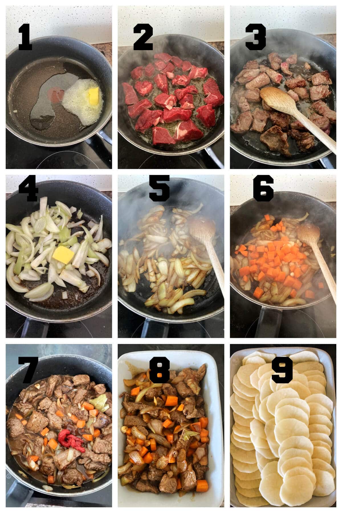 Collage of 9 photos to show how to make beef hotpot