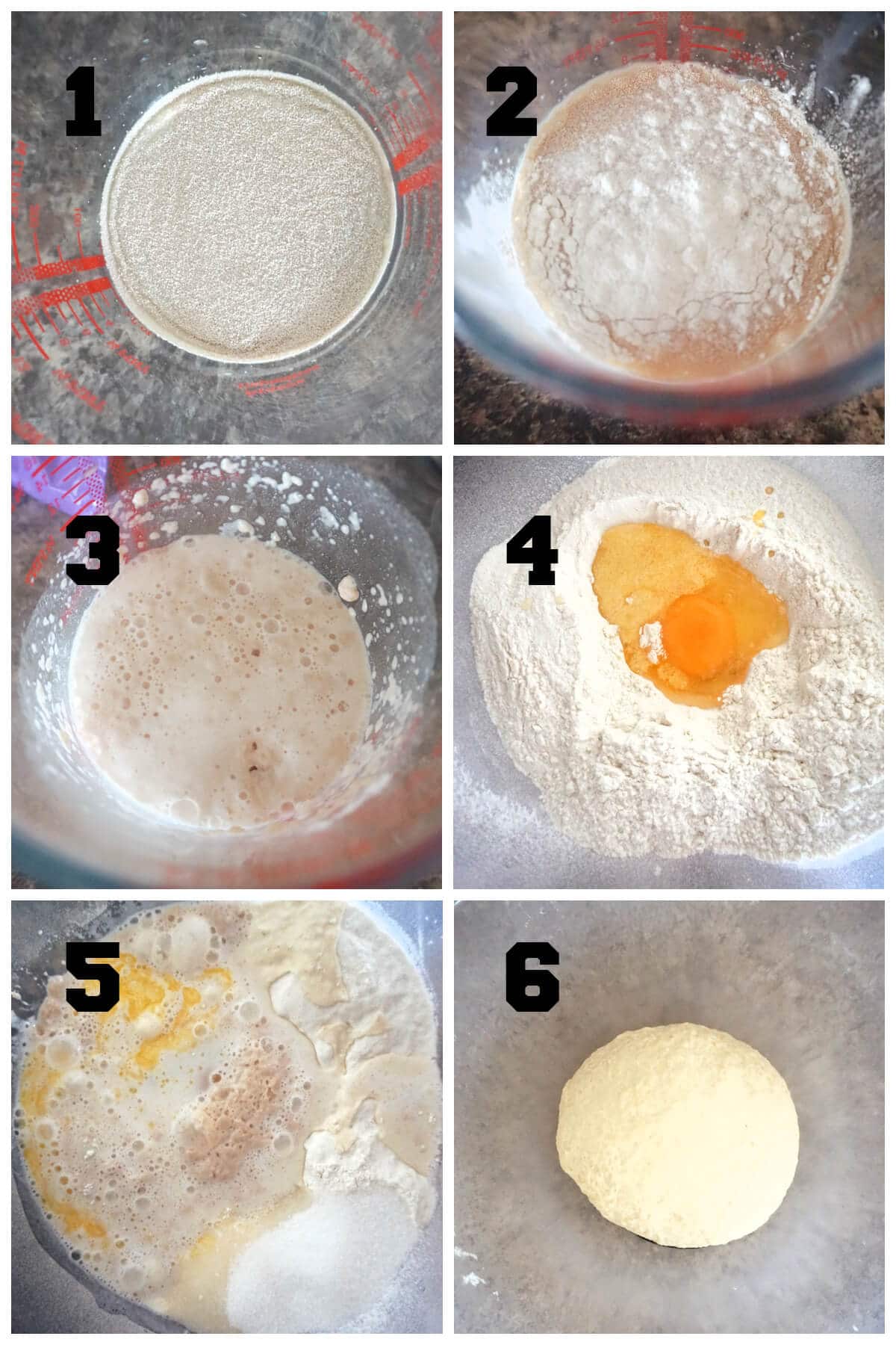 Collage of 6 photos to show how to make the dough for cinnamon rolls