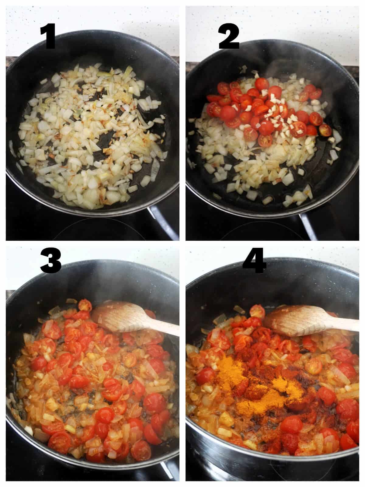 Collage of 4 photos to show how to make seafood paella.