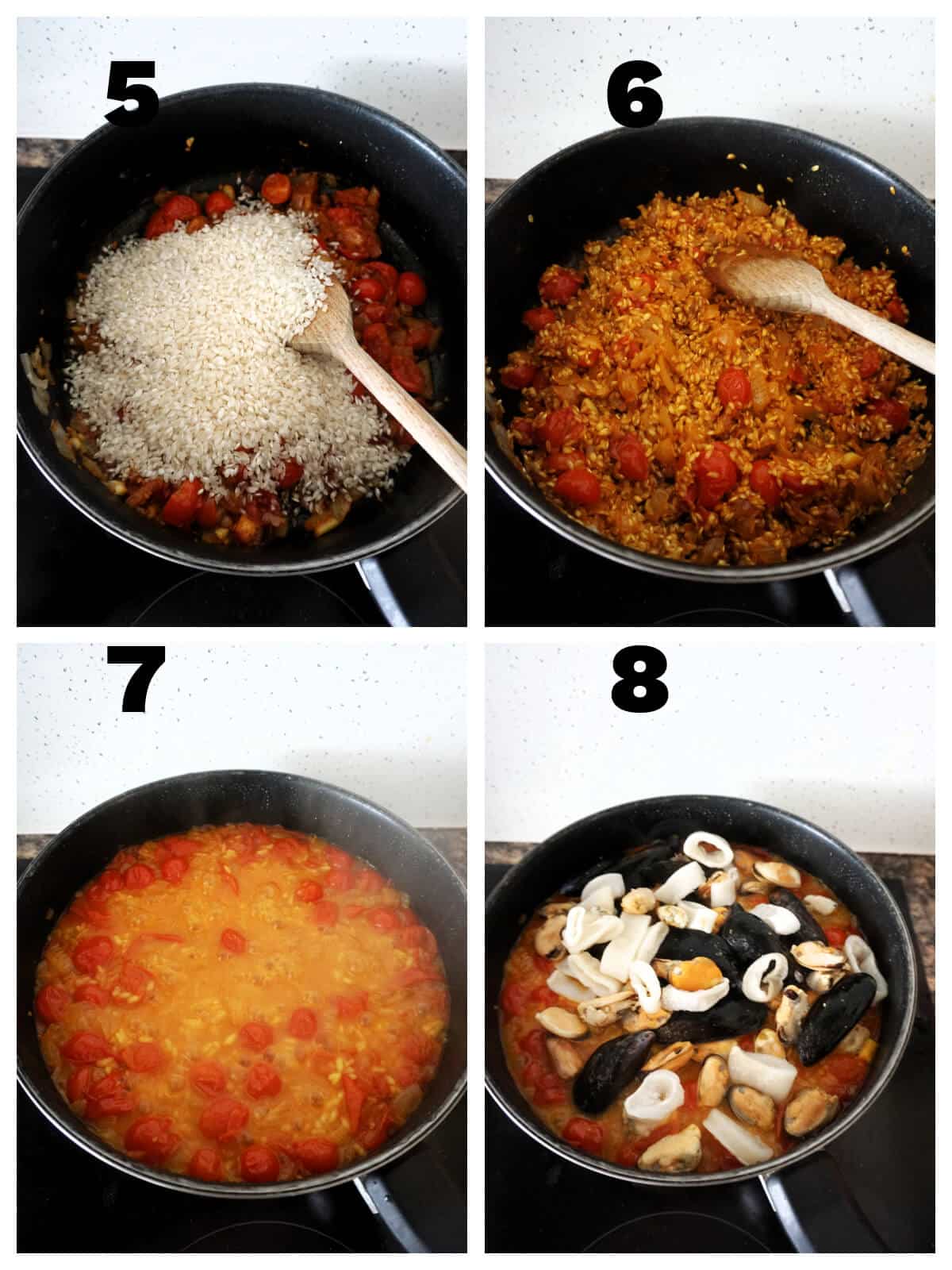 Collage of 4 photos to show how to make paella.