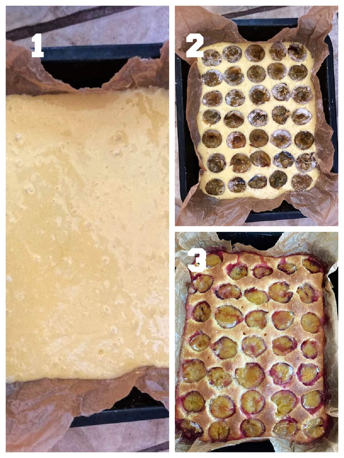 Collage of 3 photos to show how to bake the plum cake.