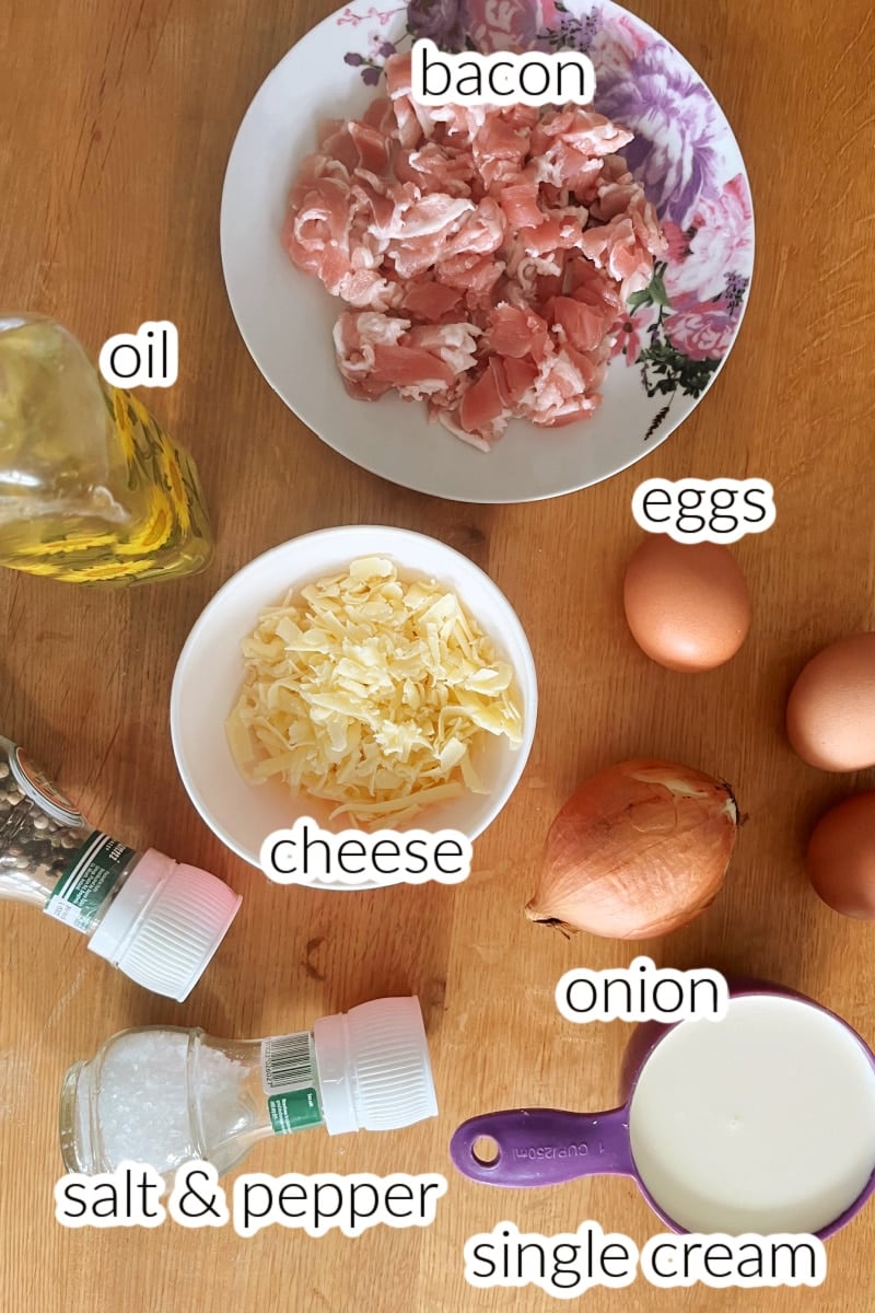 Ingredients used to make quiche lorraine filling.