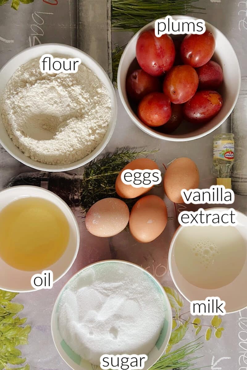 Ingredients needed to make plum cake.