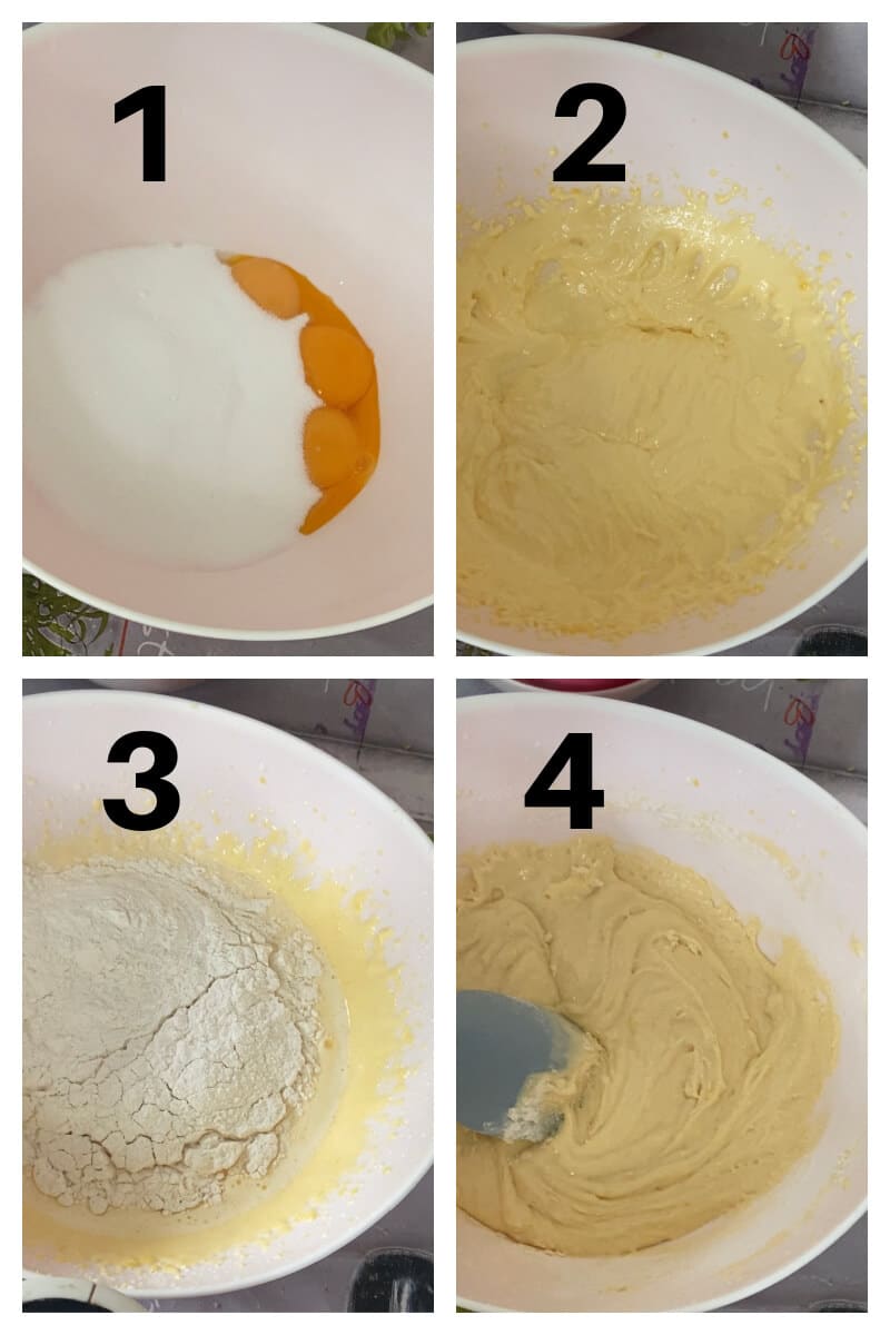 Collage of 4 photos to show how to make traybake sponge cake with plums.