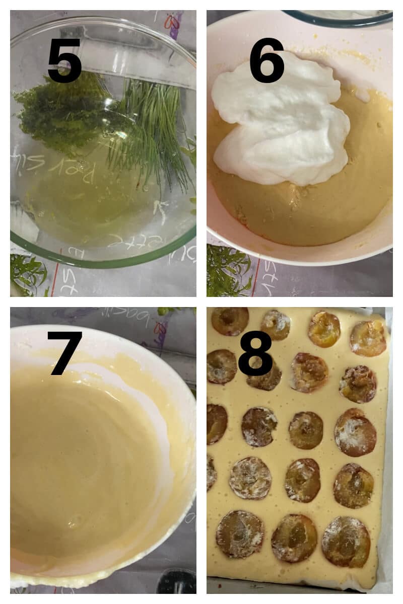 Collage of 4 photos to show how to make plum sponge cake.