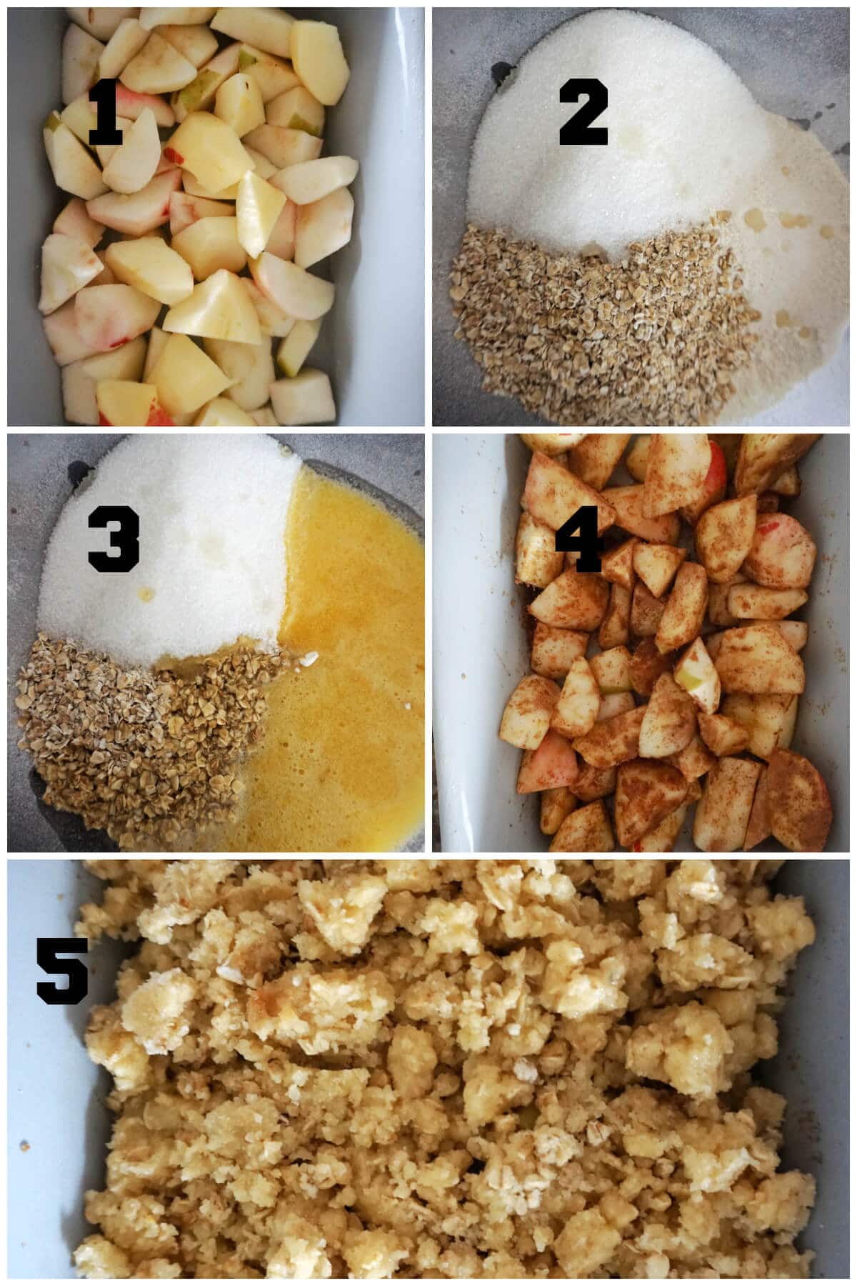 Collage of 5 pictures to show how to make apple crumble