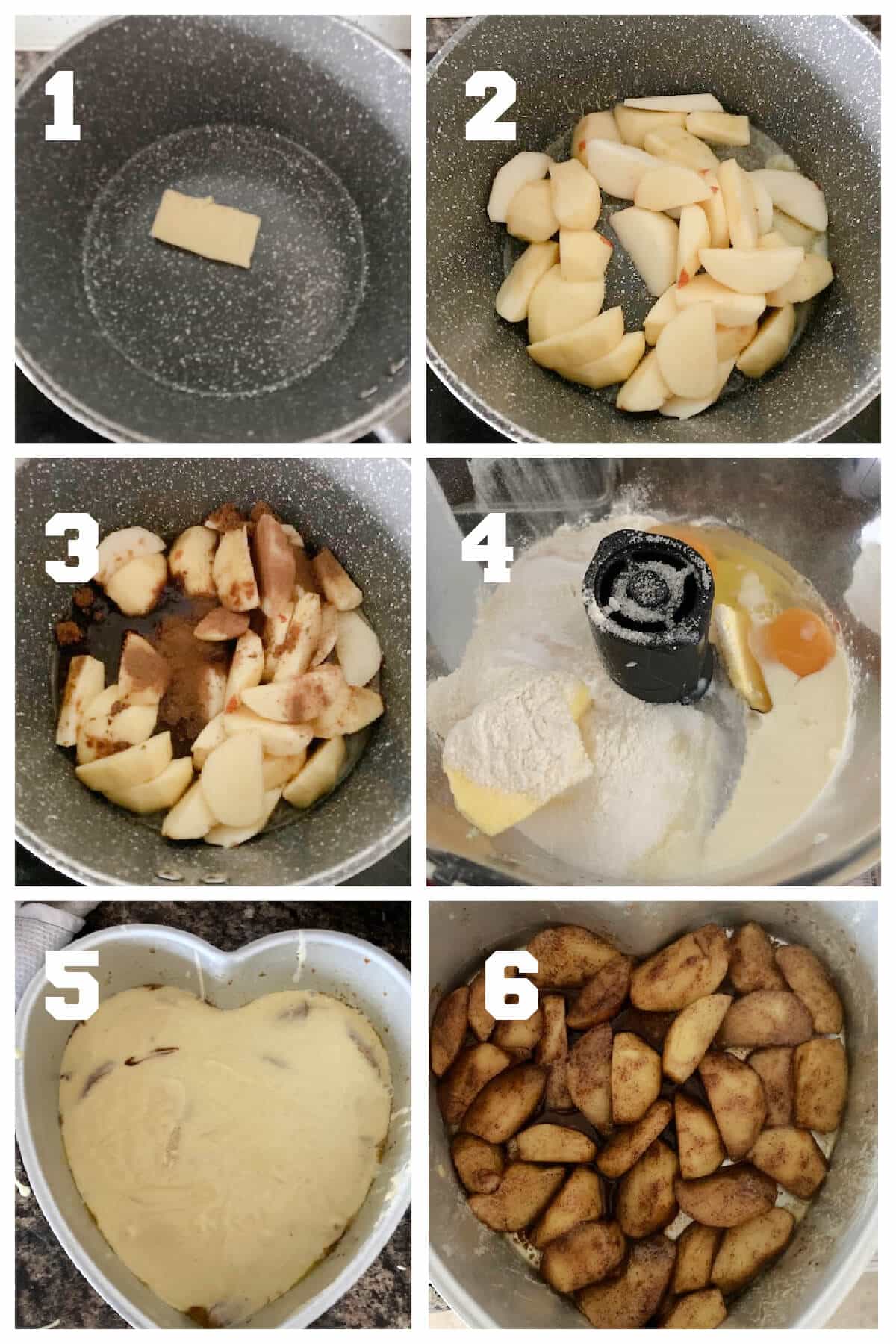 Collage of 6 photos to show how to make apple upside down cake.