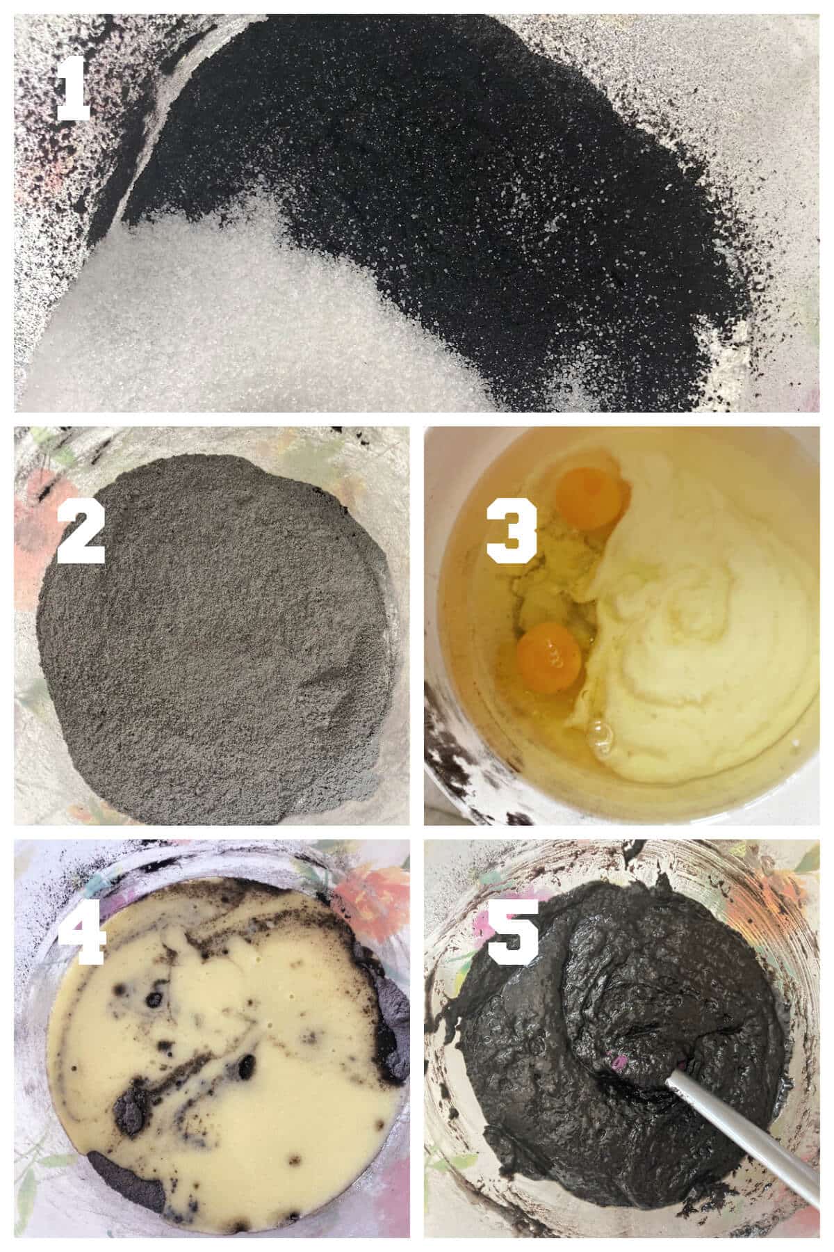 Collage of 5 photos to show how to make a black velvet sponge.