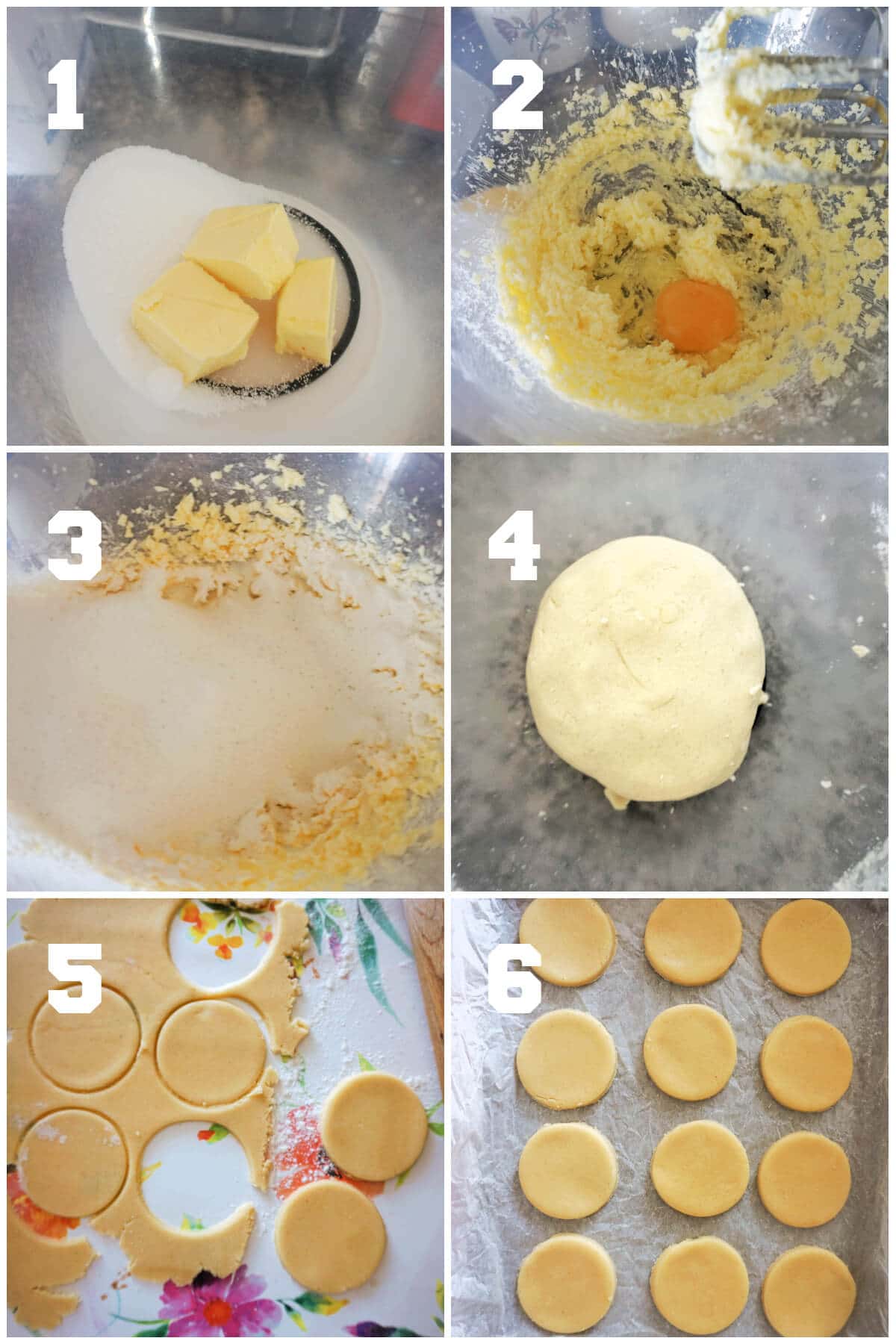 Collage of 6 photos to show how to make sugar cookies.