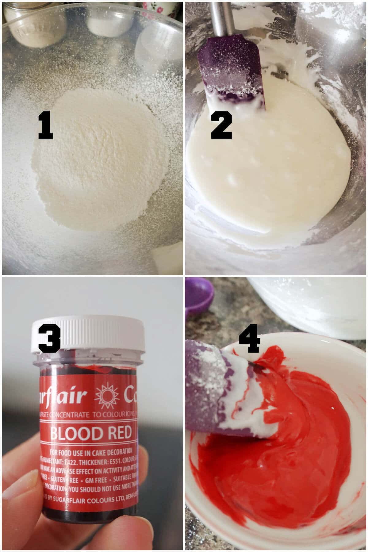 Collage of 4 photos to show how to make red sugar paste.