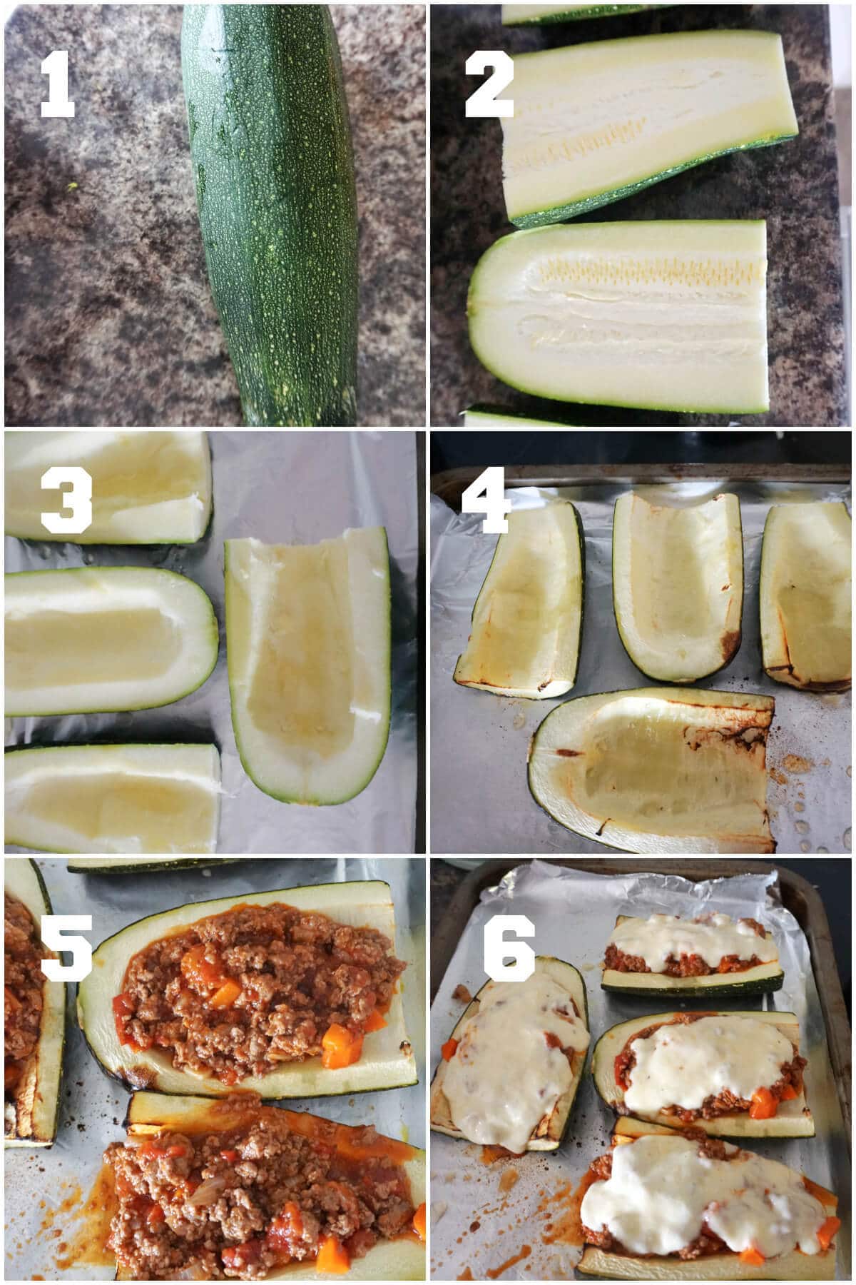 Collage of 6 photos to show how to prepare a stuff a marrow.