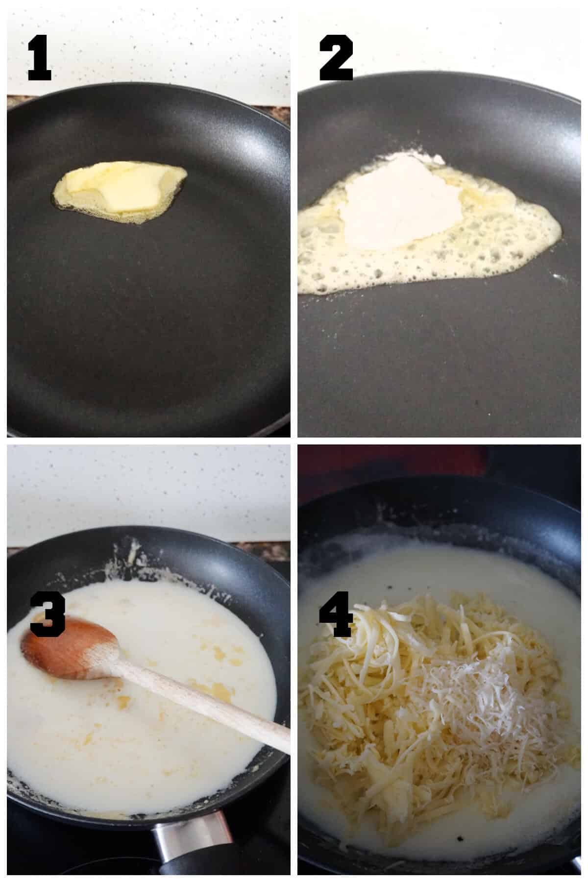 Collage of 4 photos to show how to make bechamel sauce.