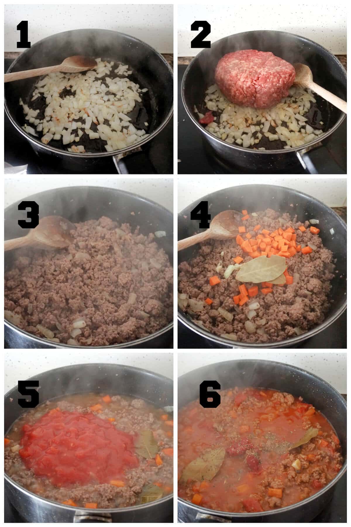 Collage of 6 photos to show how to make beef bolognese sauce.