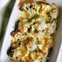 A dish with baked broccoli cheese