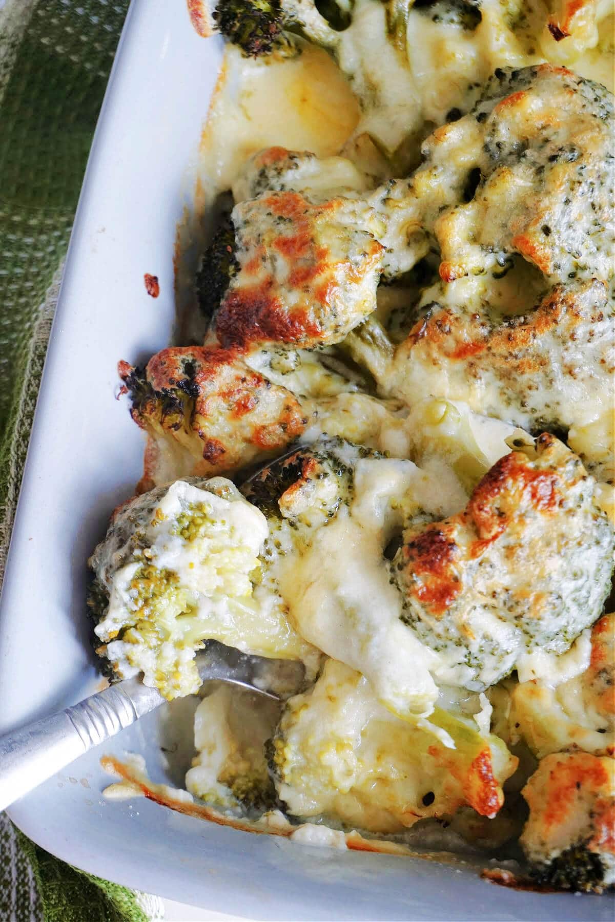 A dish with broccoli cheese.