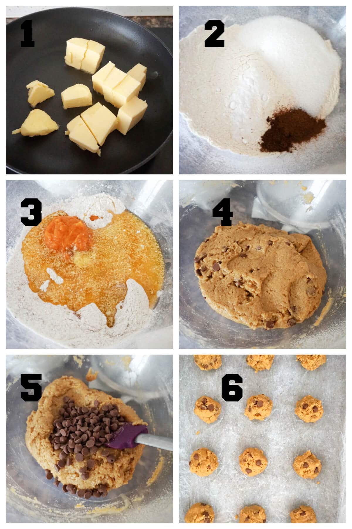 Collage of 6 photos to show how to make chocolate chips and pumpkin cookies.