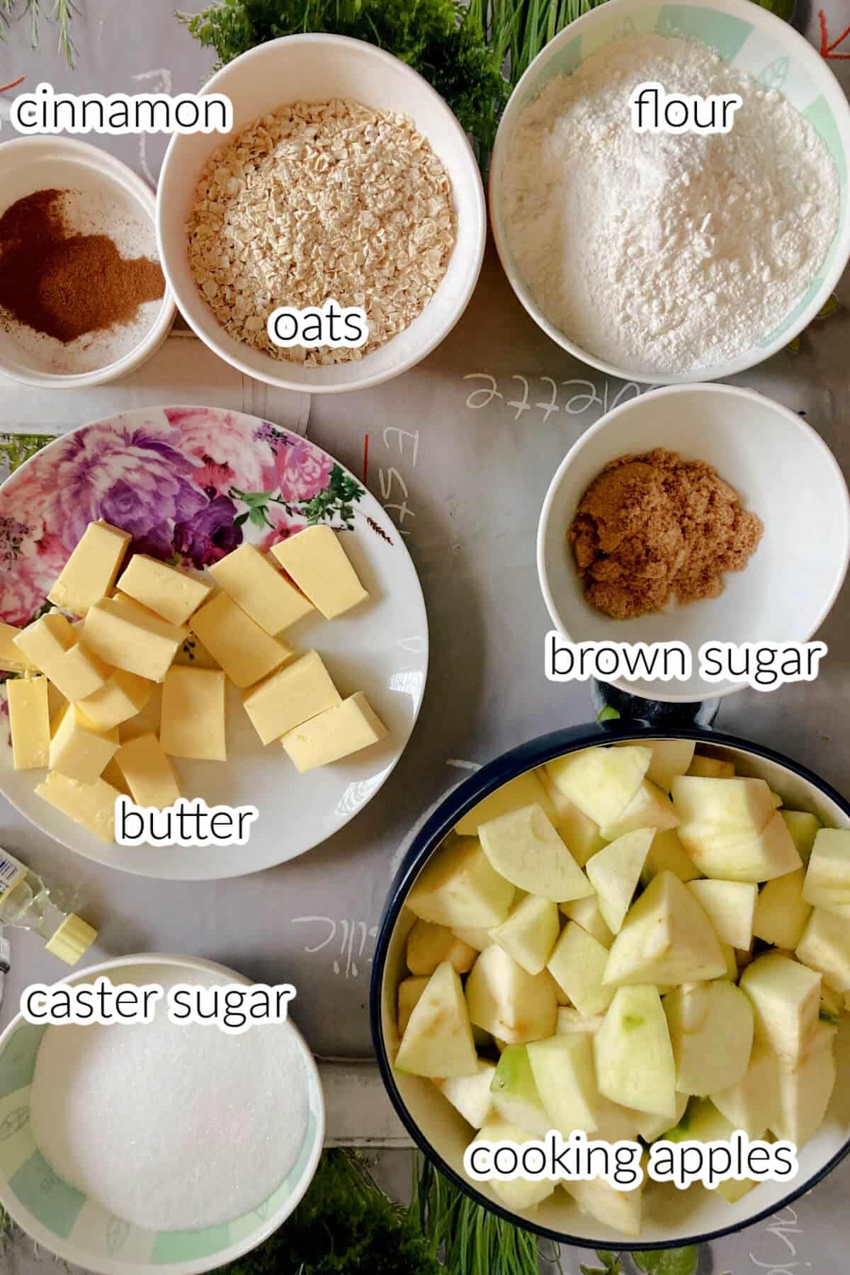 Ingredients needed to make apple crumble.