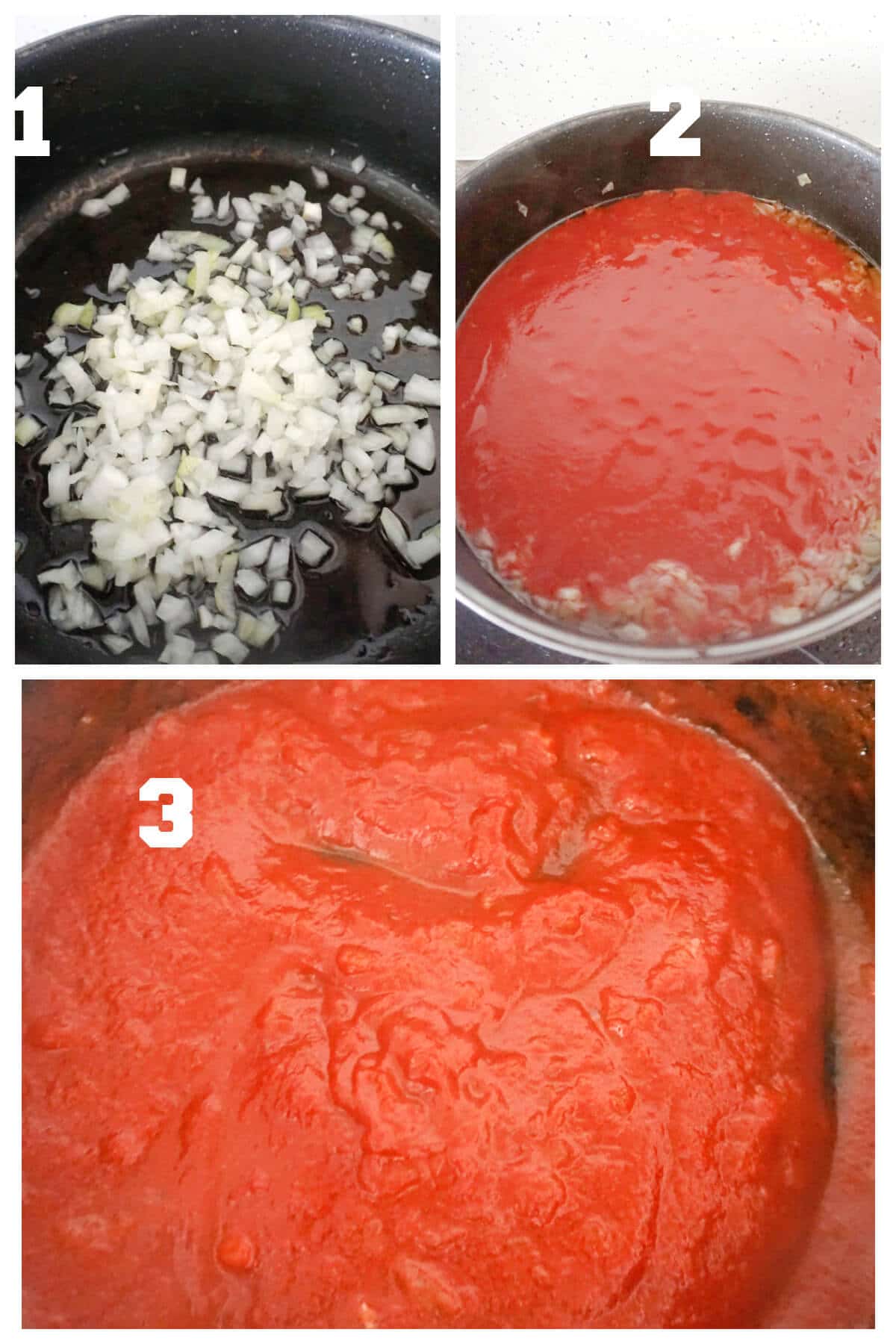 Collage of 3 photos to show how to make tomato sauce.