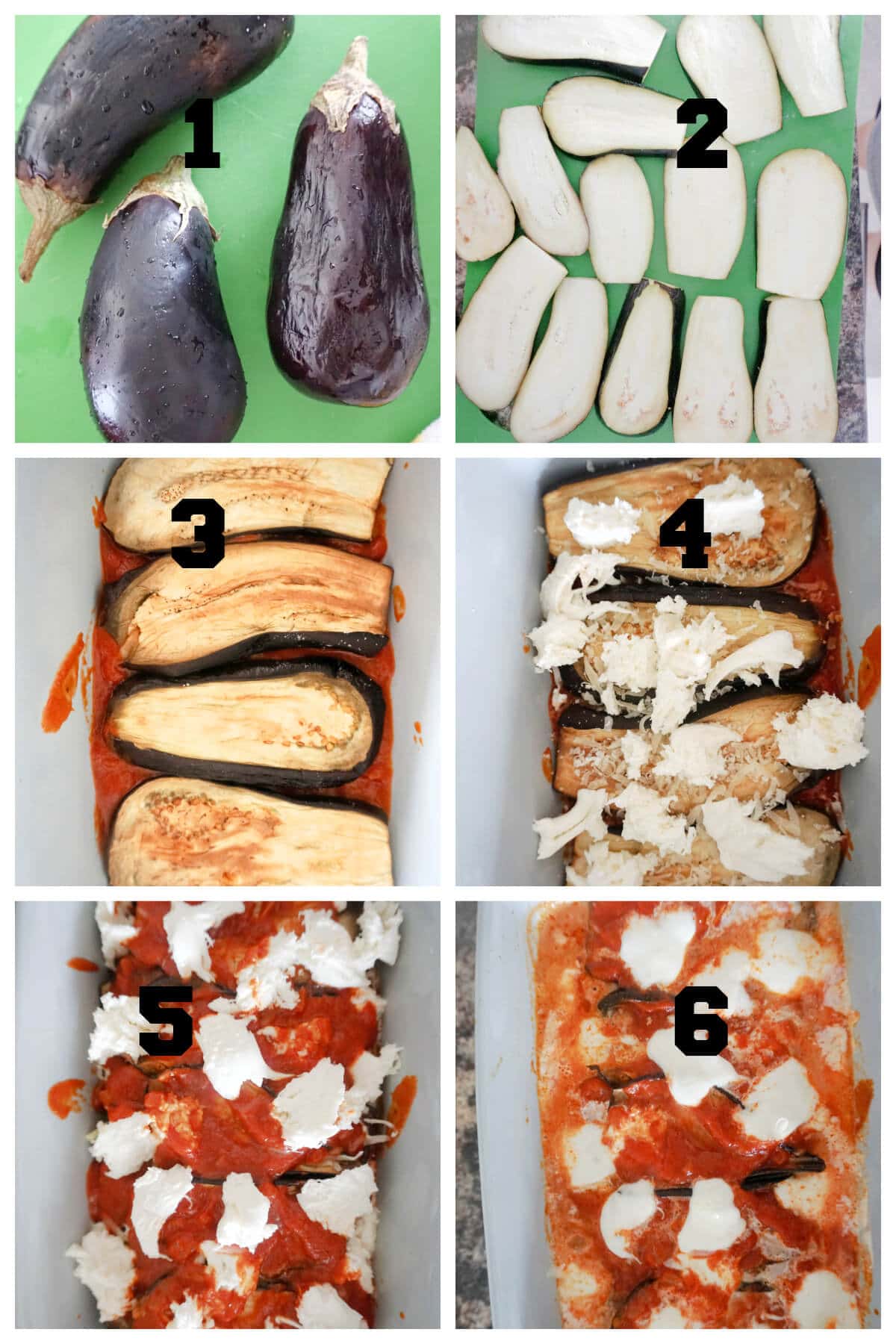 Collage of 6 photos to show how to make aubergine parmesan.