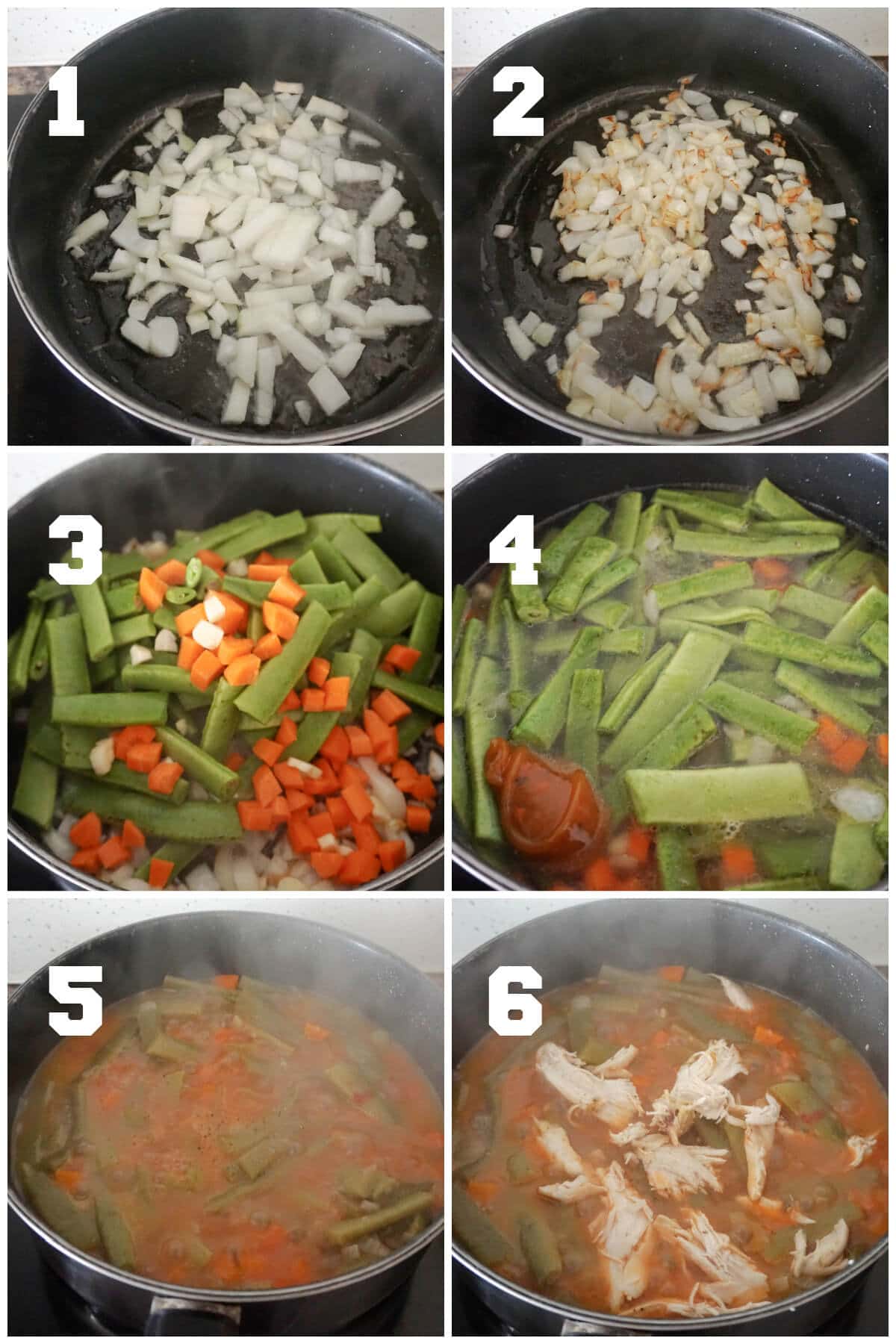 Collage of 6 photos to show how to make green bean stew with leftover chicken.