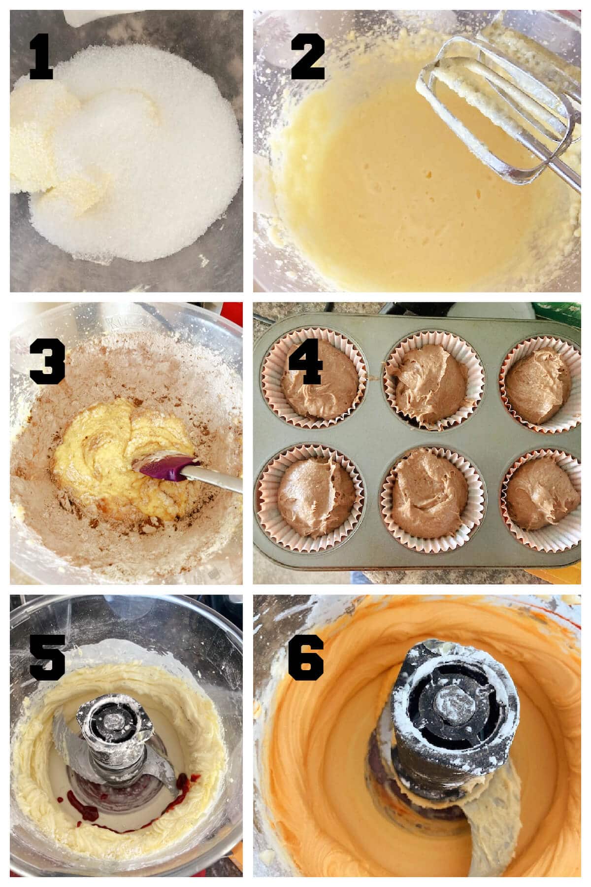 Collage of 6 photos to show how to make halloween cupcakes