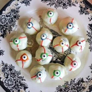 Overhead shoot of a plate with 12 eyeball truffles