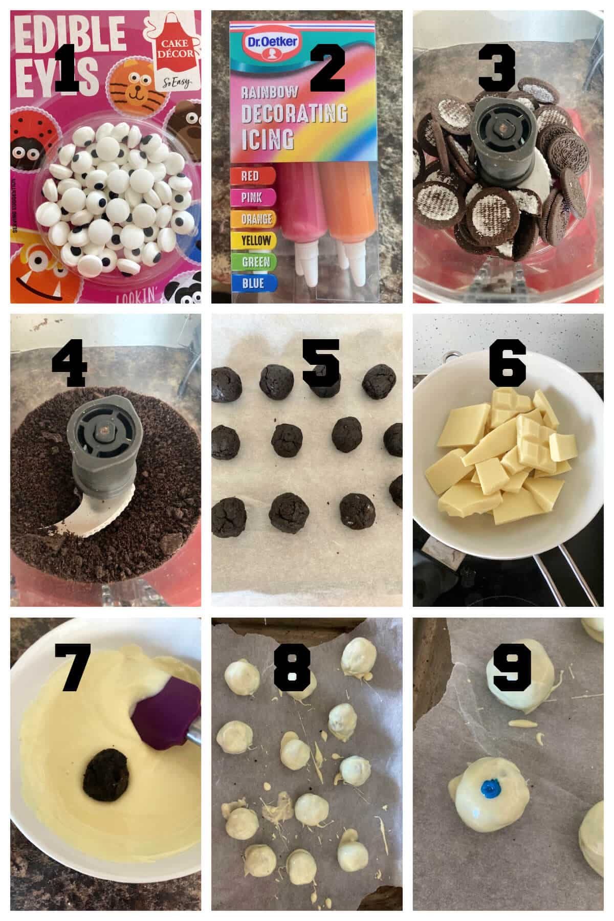 Collage of 9 photos to show how to make Halloween oreo truffles.