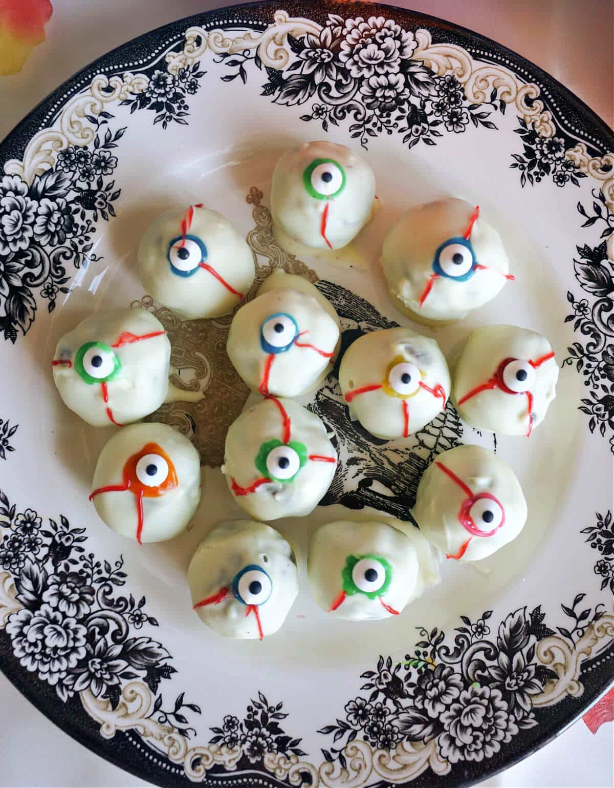 Overhead shoot of eyeball truffles on a plate.