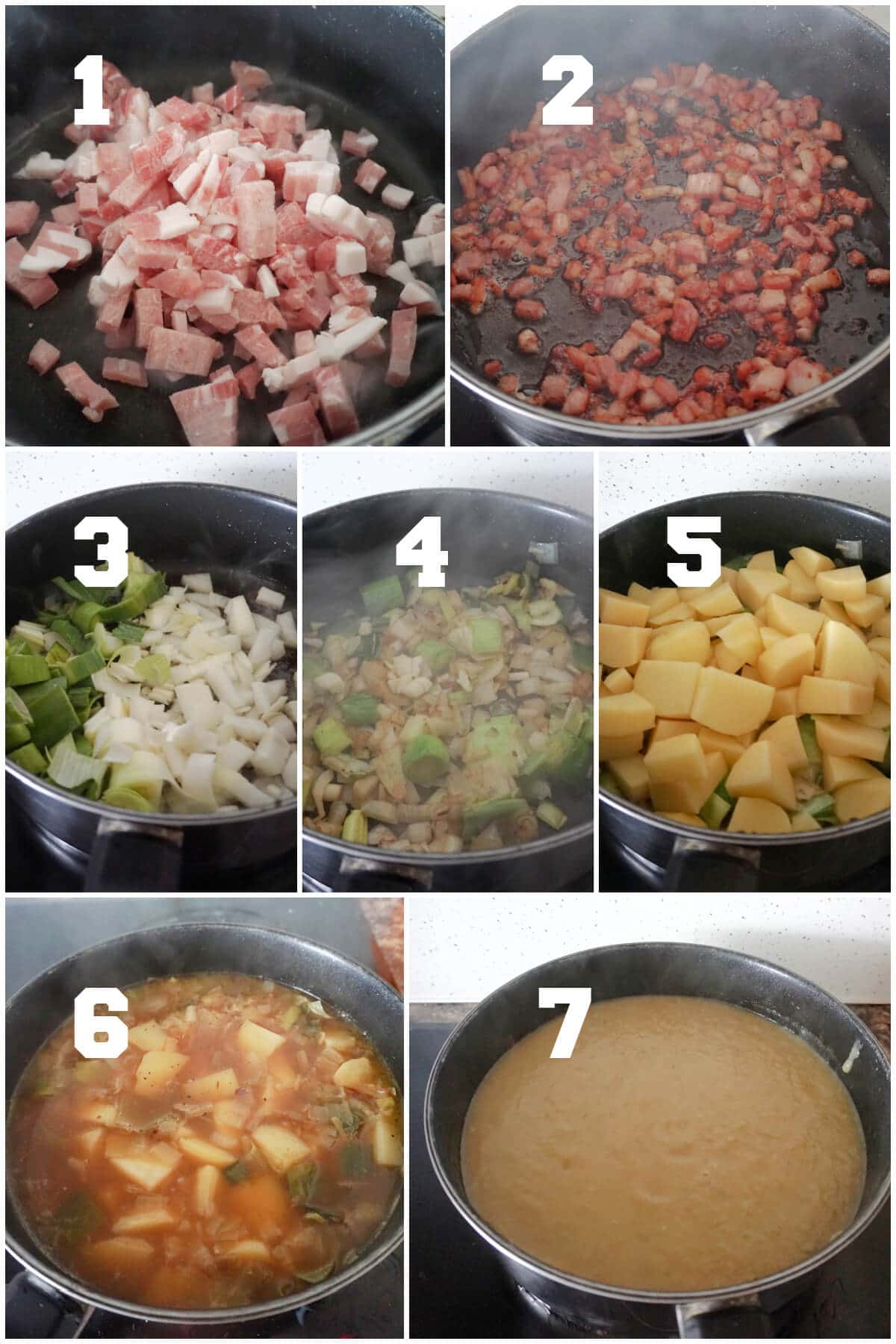 Collage of 7 photos to show how to make leek and potato soup with bacon.